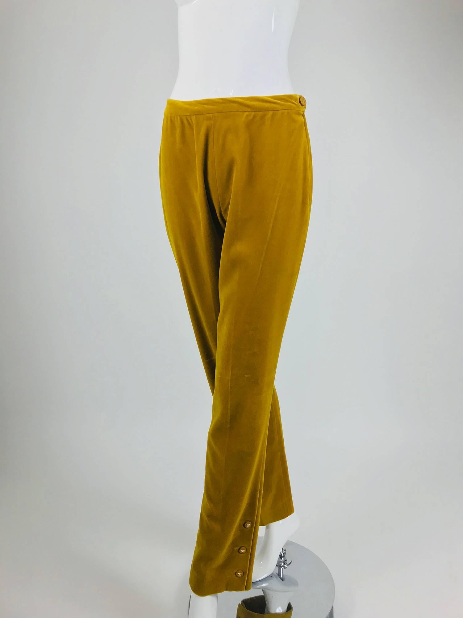 Chanel golden yellow velvet trousers with ankle buttons 1990s 3