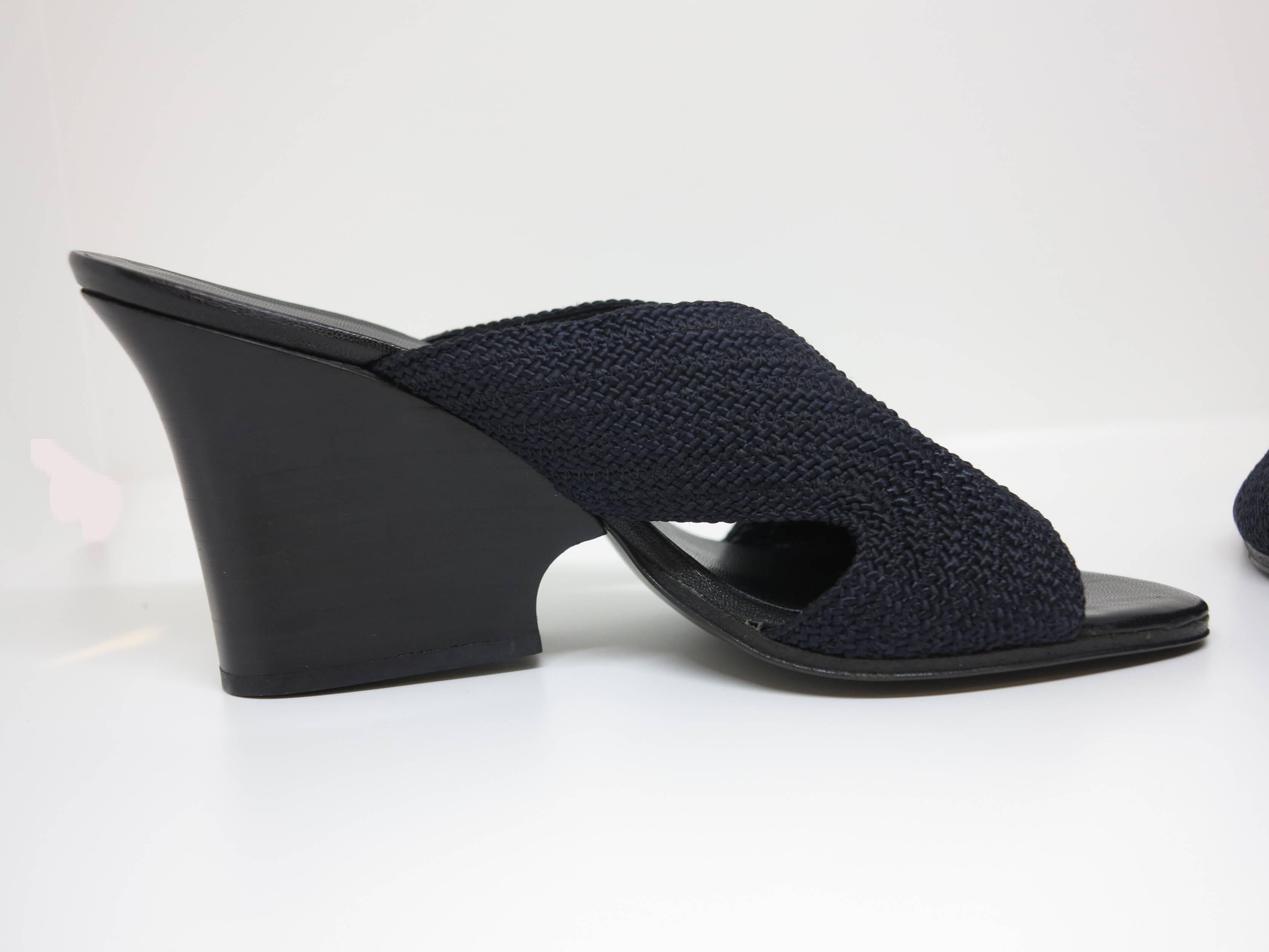 Yves Saint Laurent black woven cord open toe leather lined broken wedge heel mules unworn 7B...Heel is approximately 3 1/4