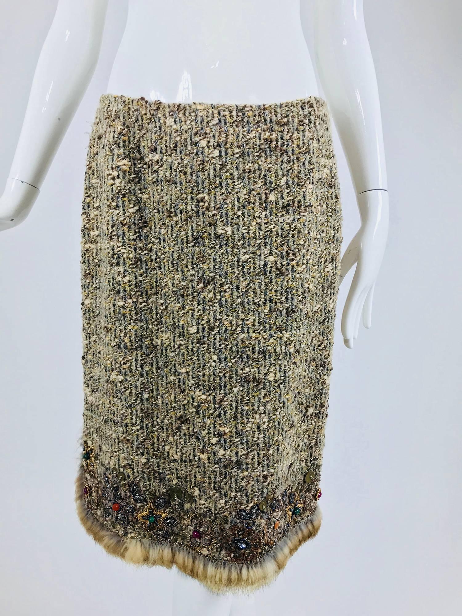 Oscar de la Renta jewel and fur trim soft tweed knit skirt set  1