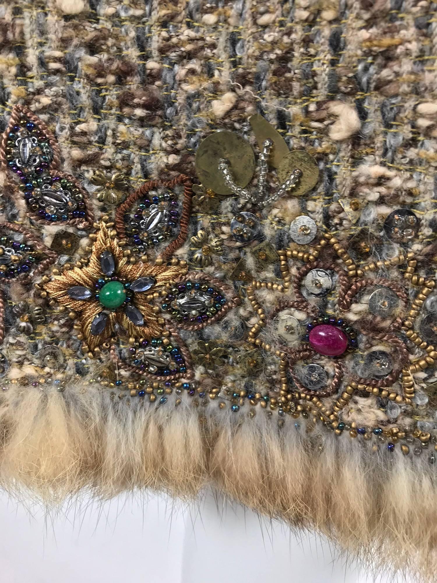 Oscar de la Renta jewel and fur trim soft tweed knit skirt set  2