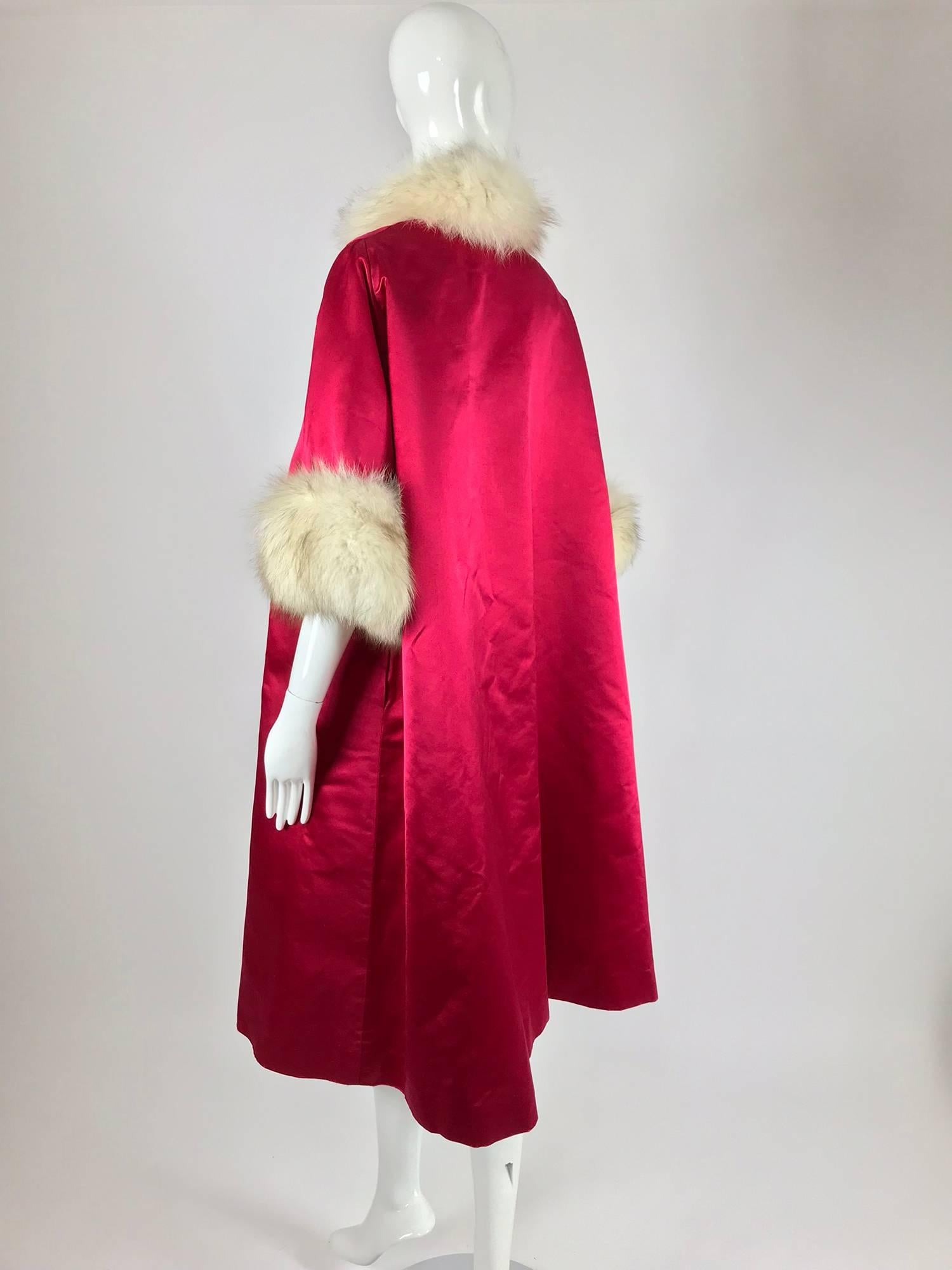 Women's Candy Apple Red Silk Slipper Satin Fox Fur Trimmed Evening Coat 1960s