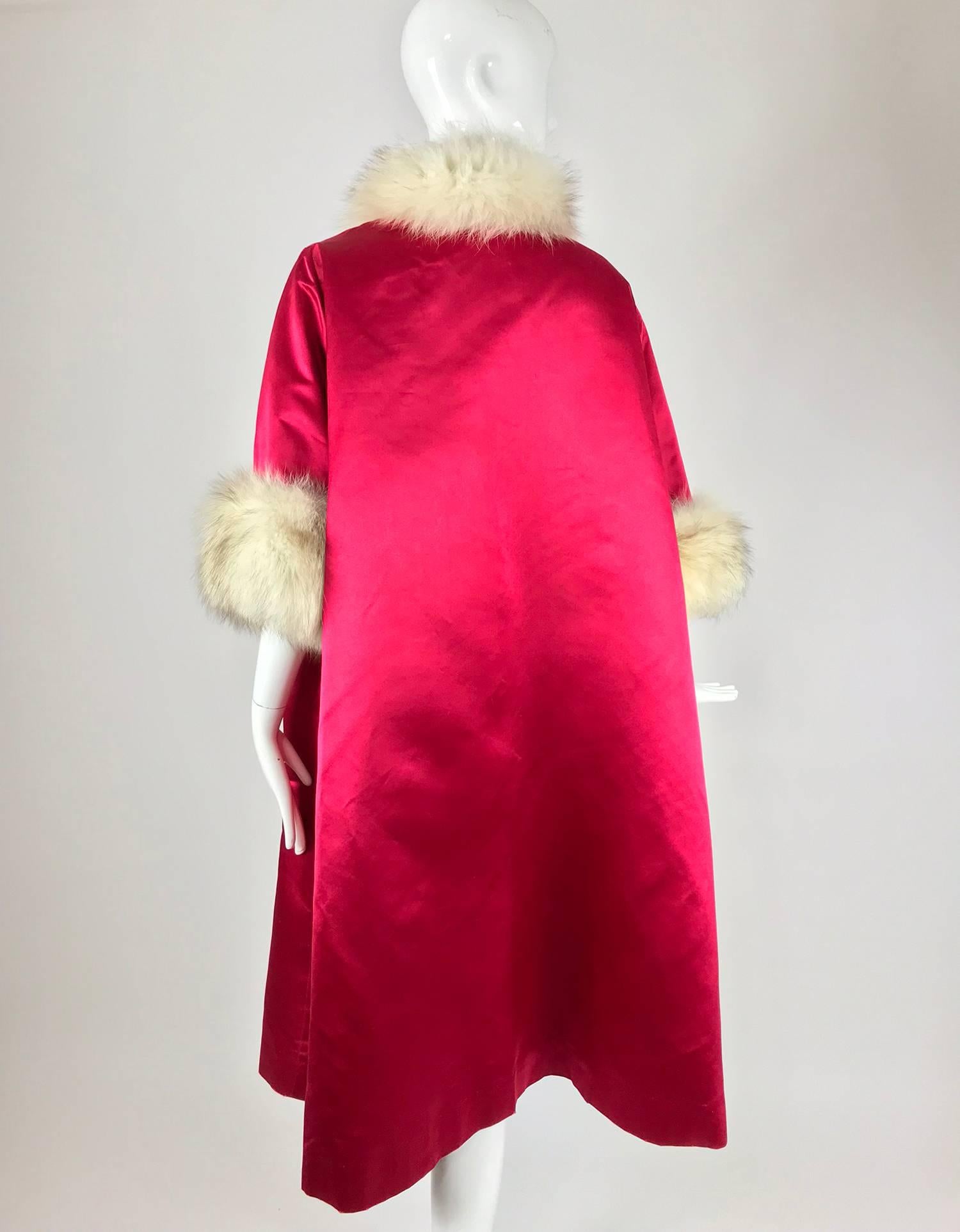 Candy Apple Red Silk Slipper Satin Fox Fur Trimmed Evening Coat 1960s 1