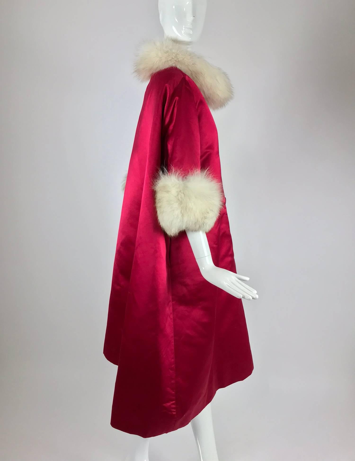 Candy Apple Red Silk Slipper Satin Fox Fur Trimmed Evening Coat 1960s 2