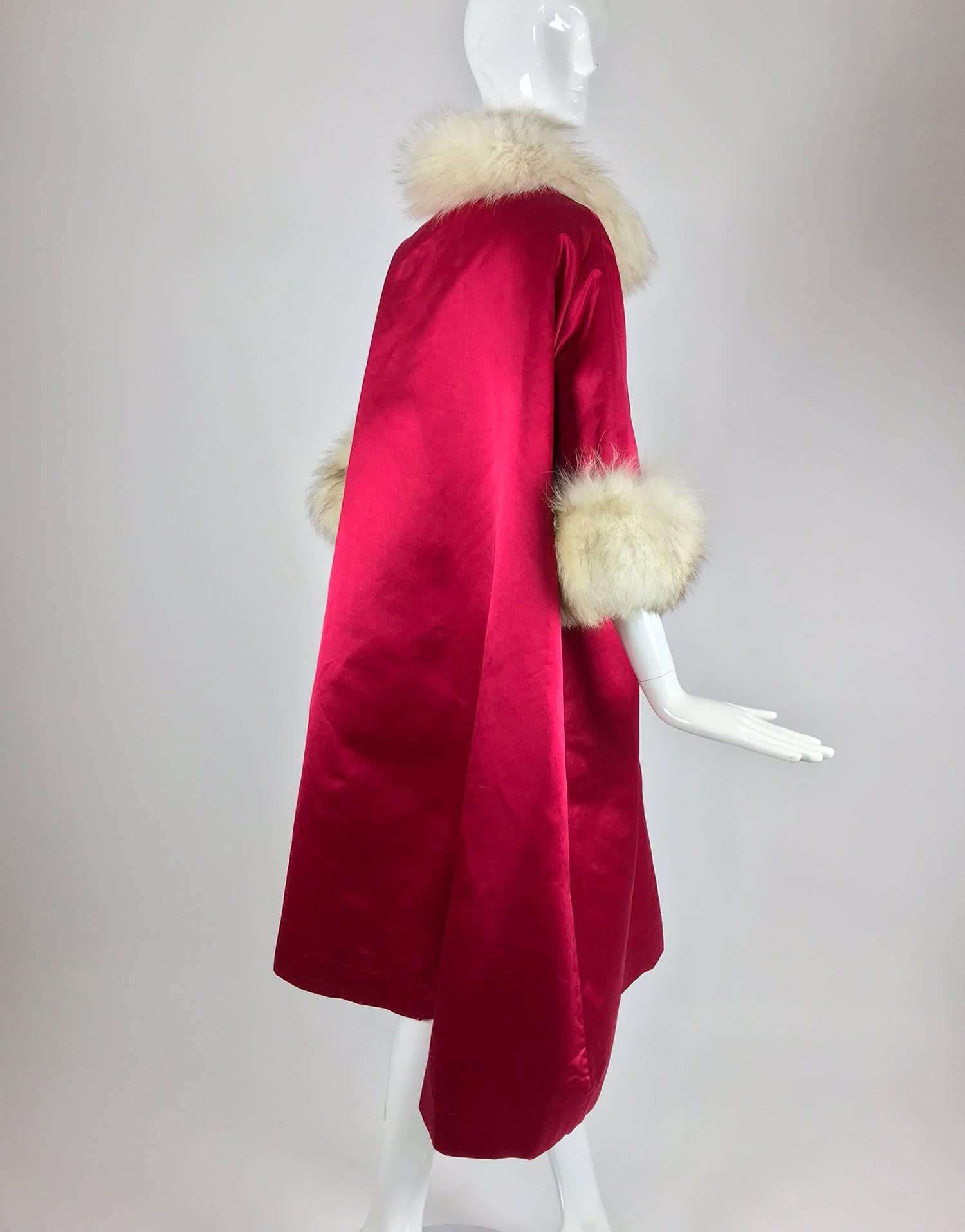 Candy Apple Red Silk Slipper Satin Fox Fur Trimmed Evening Coat 1960s 3