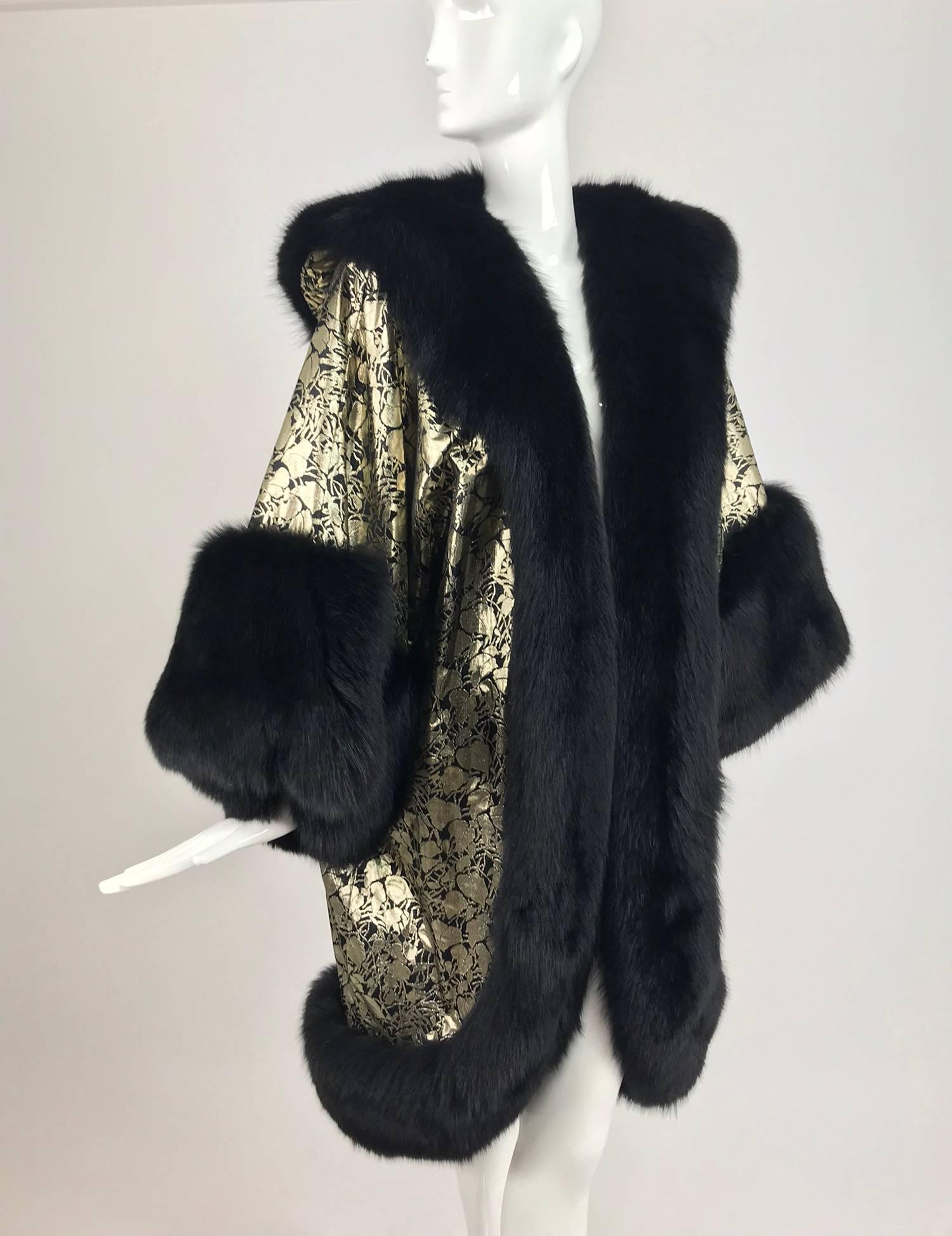 Amen Wardy Gold Metallic brocade and black fox fur trim 20s style coat 1980s...In the 1980s Amen Wardy's  Newport Center Fashion Island was a legendary designer shopping mecca located in Newport Beach California. 30,000 square feet of couture and