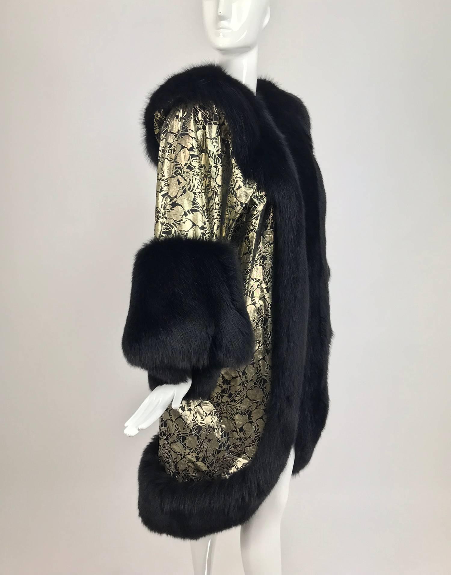 Black Amen Wardy Gold Metallic brocade and black fox fur trim cocoon coat 1980s