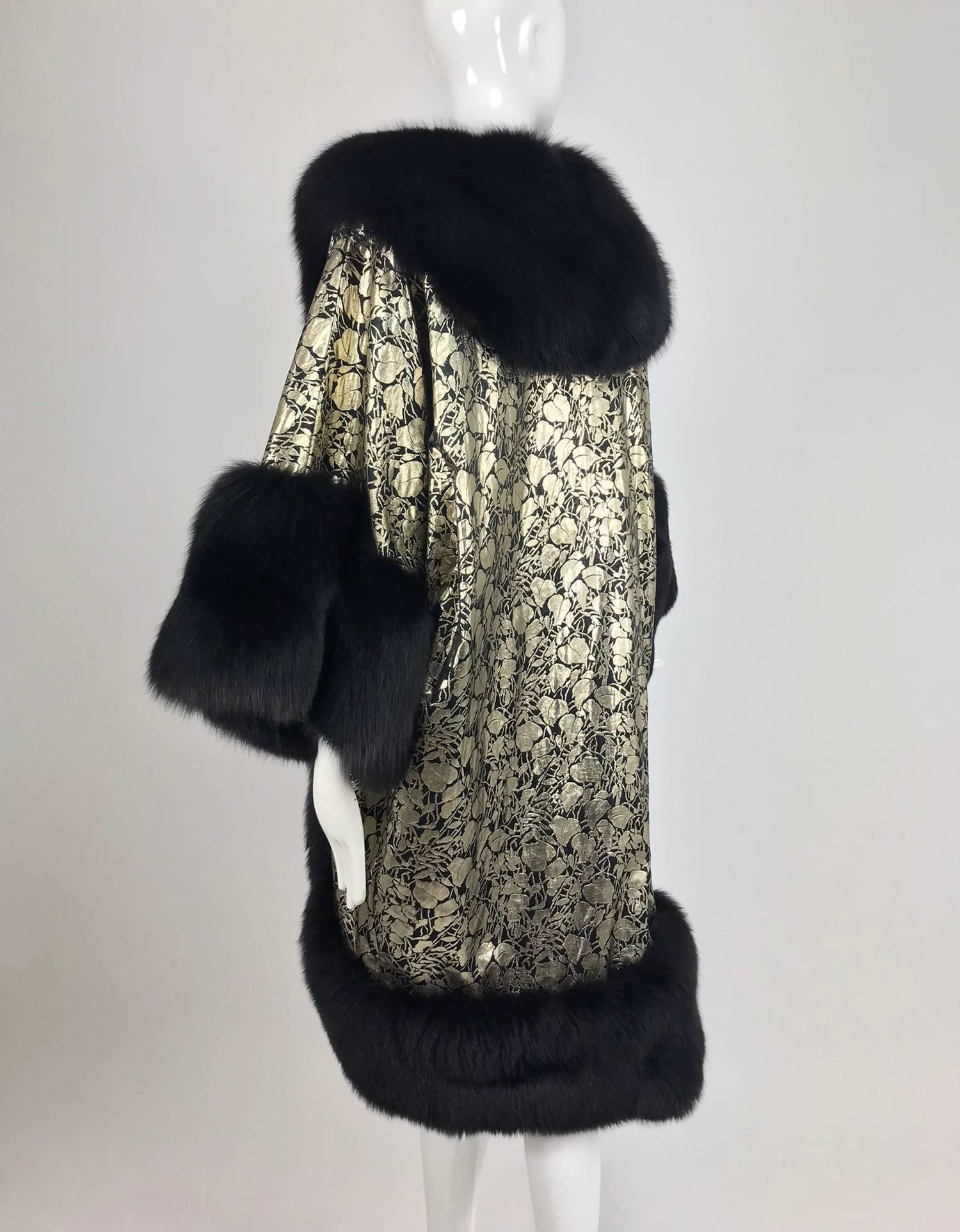 Women's Amen Wardy Gold Metallic brocade and black fox fur trim cocoon coat 1980s