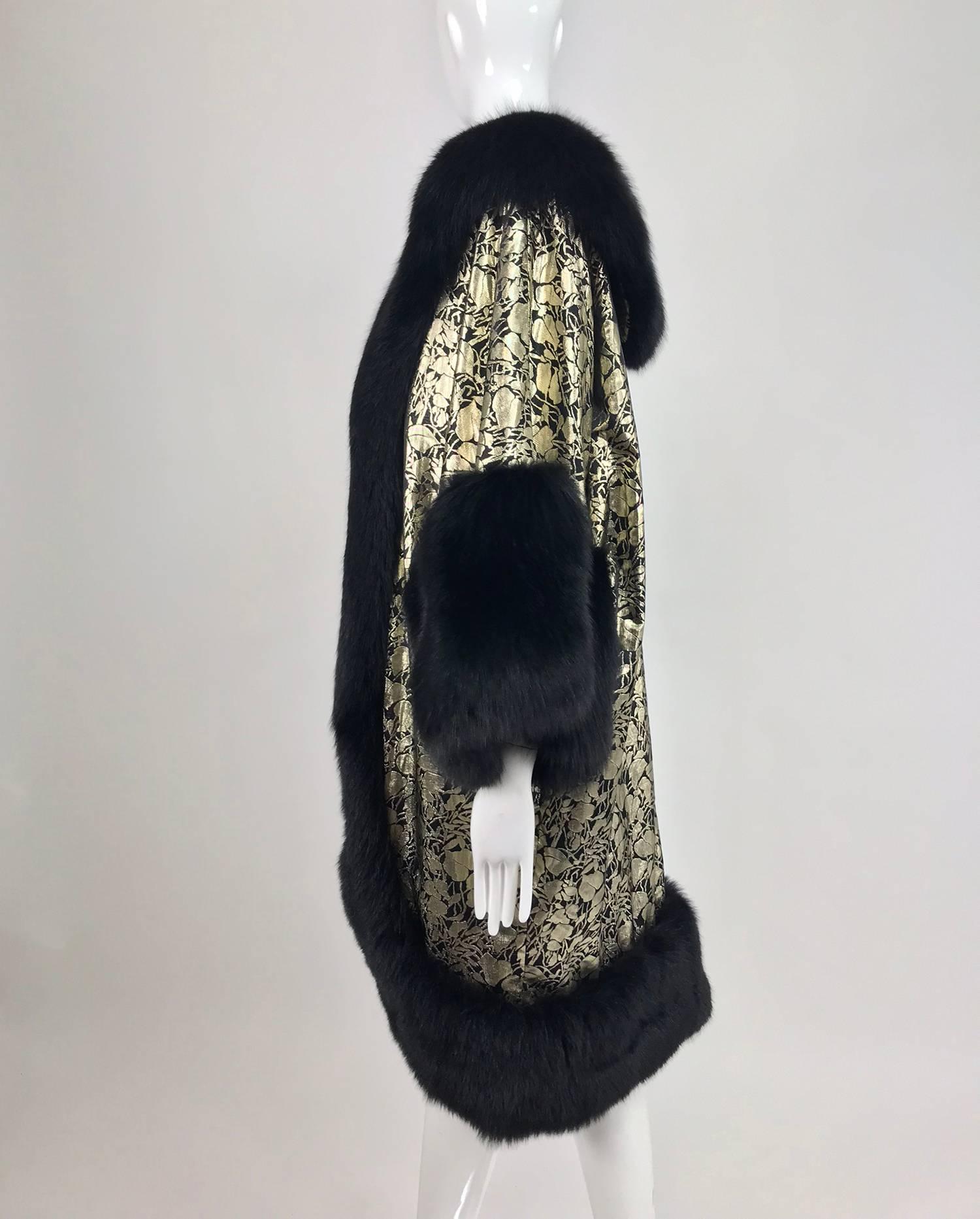 Amen Wardy Gold Metallic brocade and black fox fur trim cocoon coat 1980s 1