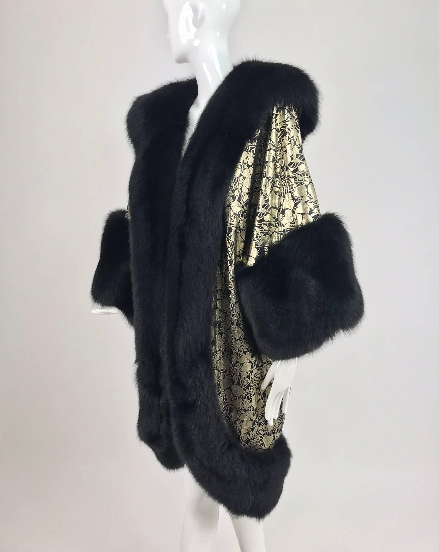 Amen Wardy Gold Metallic brocade and black fox fur trim cocoon coat 1980s 2