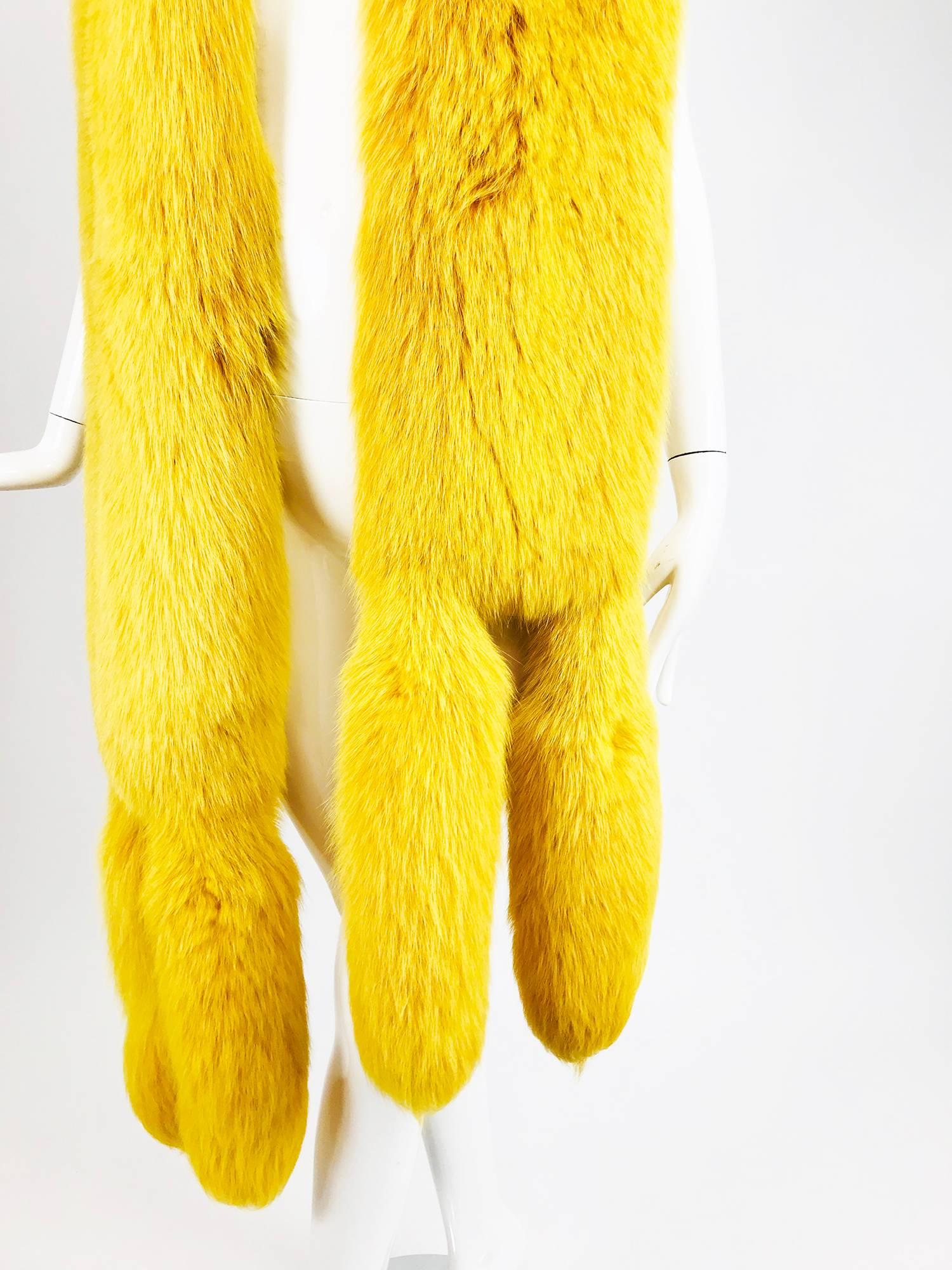Yellow Saffron yellow fox fur stole with tails 1980s