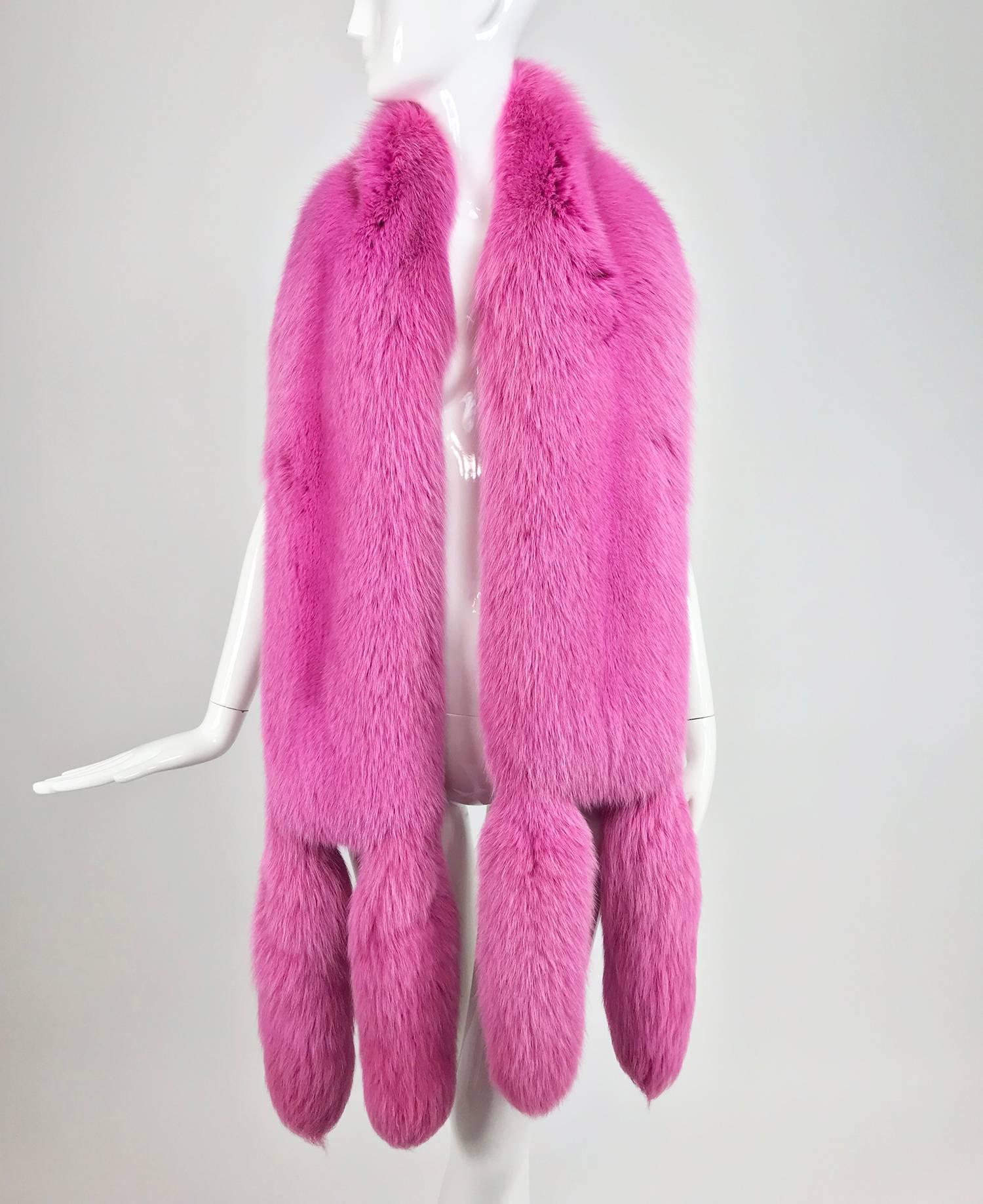 Women's or Men's Hot Pink fox fur stole with tails 1980s
