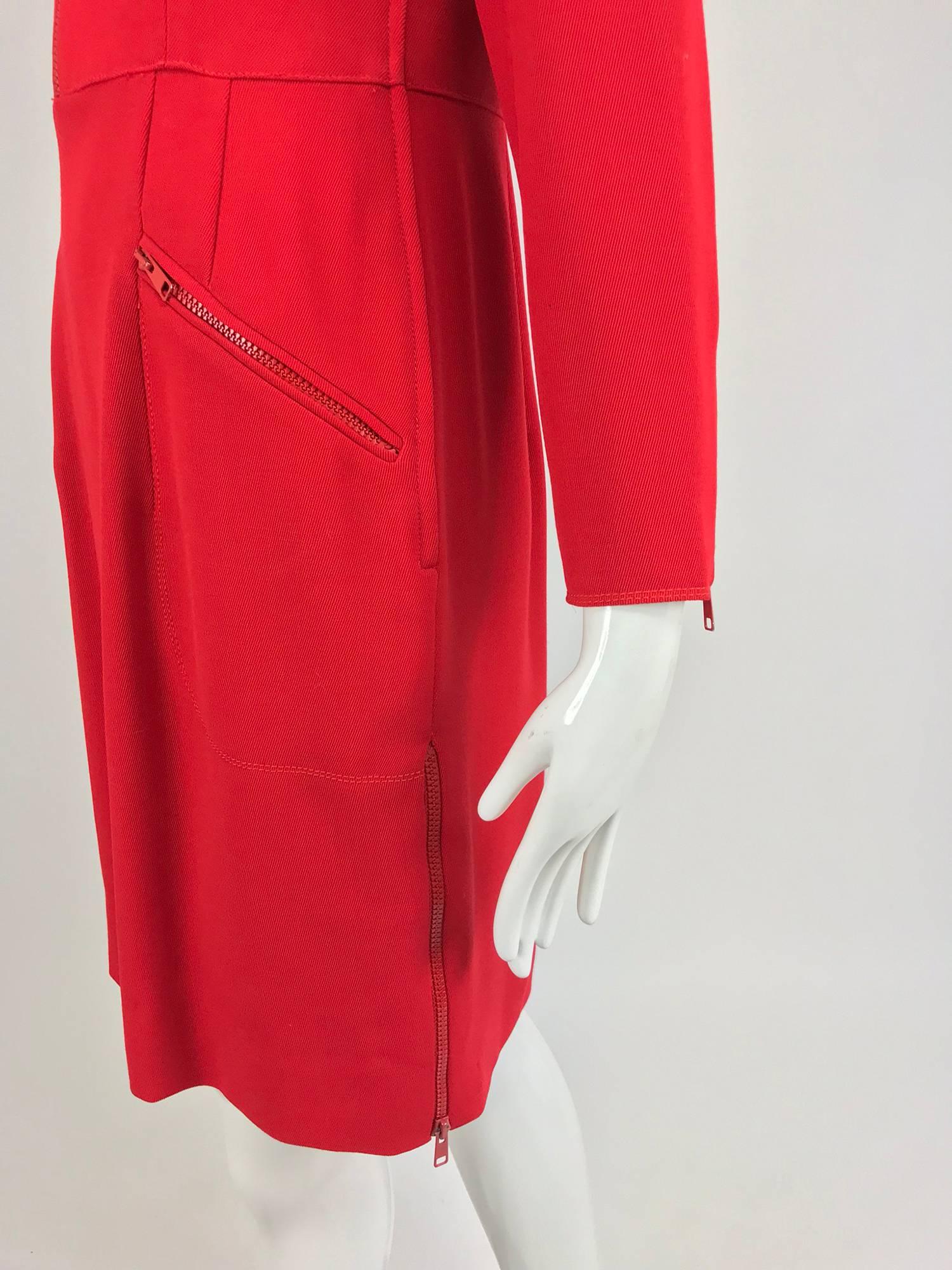 Red Valentino Vintage tailored red wool twill big zipper dress 1990s