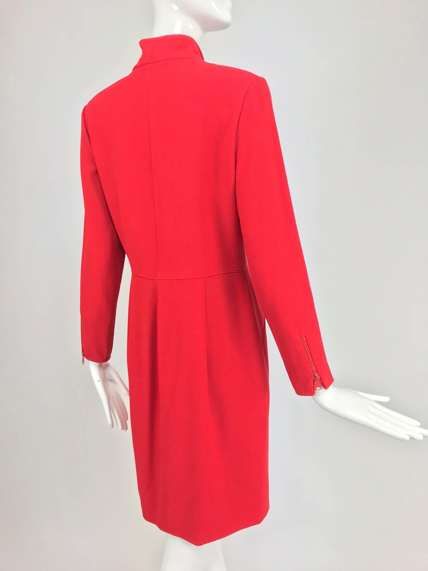 Women's Valentino Vintage tailored red wool twill big zipper dress 1990s