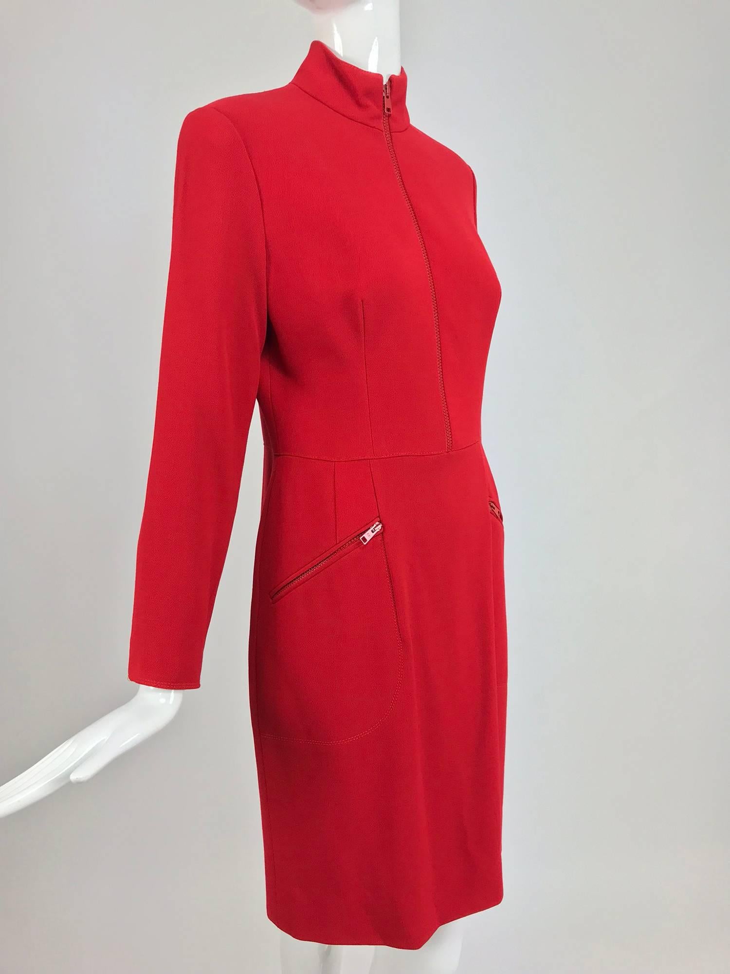 Valentino Vintage tailored red wool twill big zipper dress 1990s 1