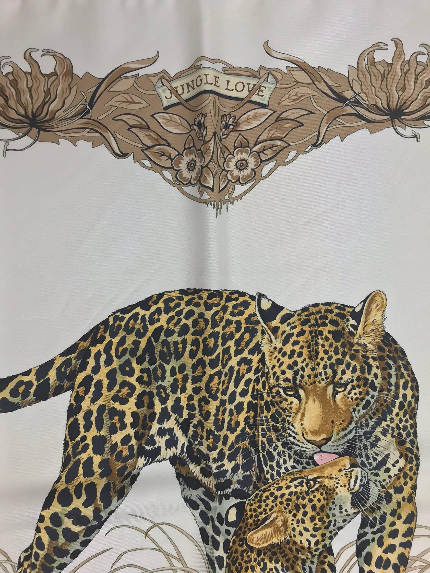 Hermes Jungle Love by Robert Dallet creamy white silk twill scarf 35" x 35" Beautifully illustrated, in excellent condition. Professionally dry cleaned.   