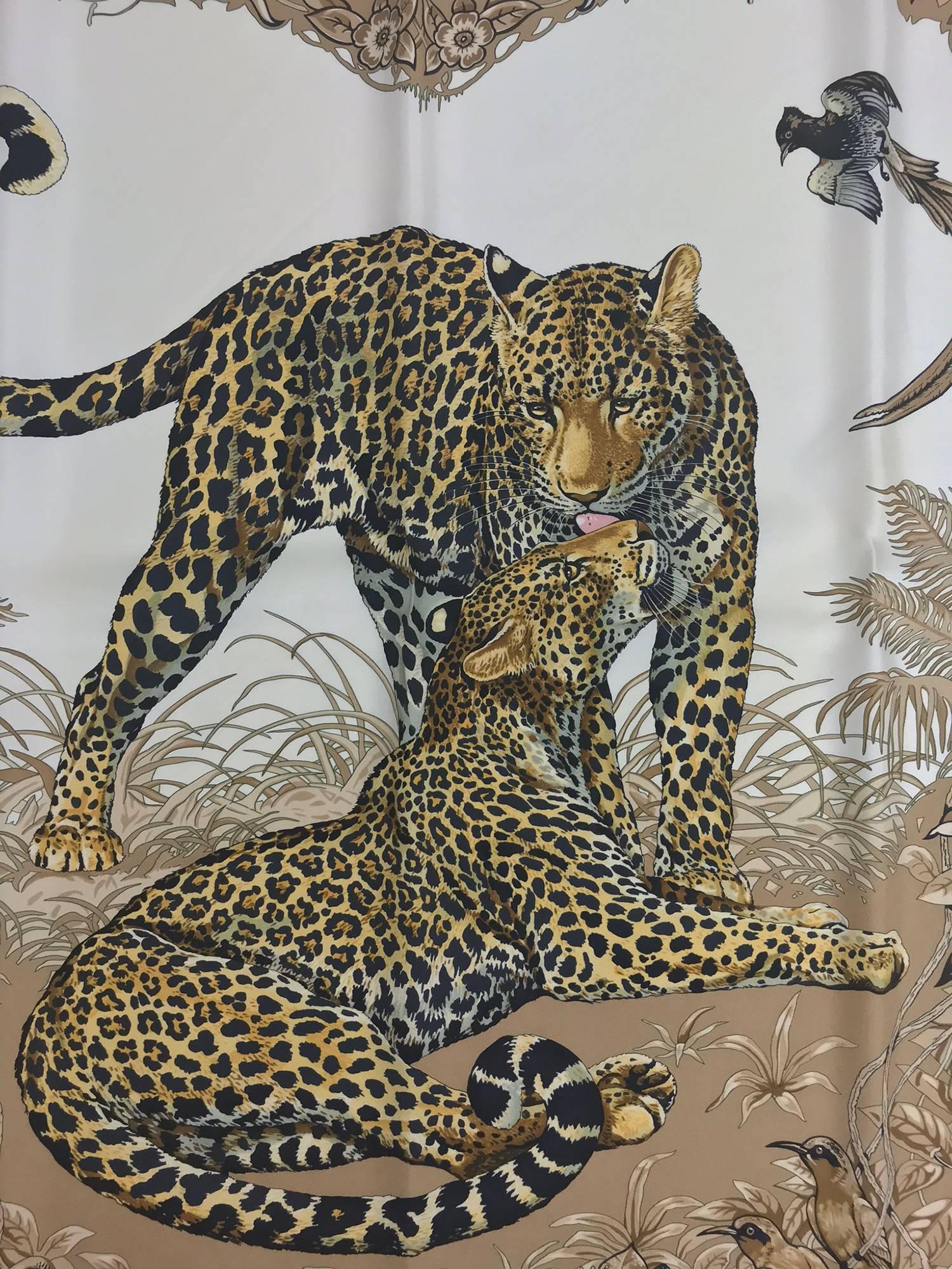 Hermes Jungle Love by Robert Dallet creamy white silk twill scarf 35