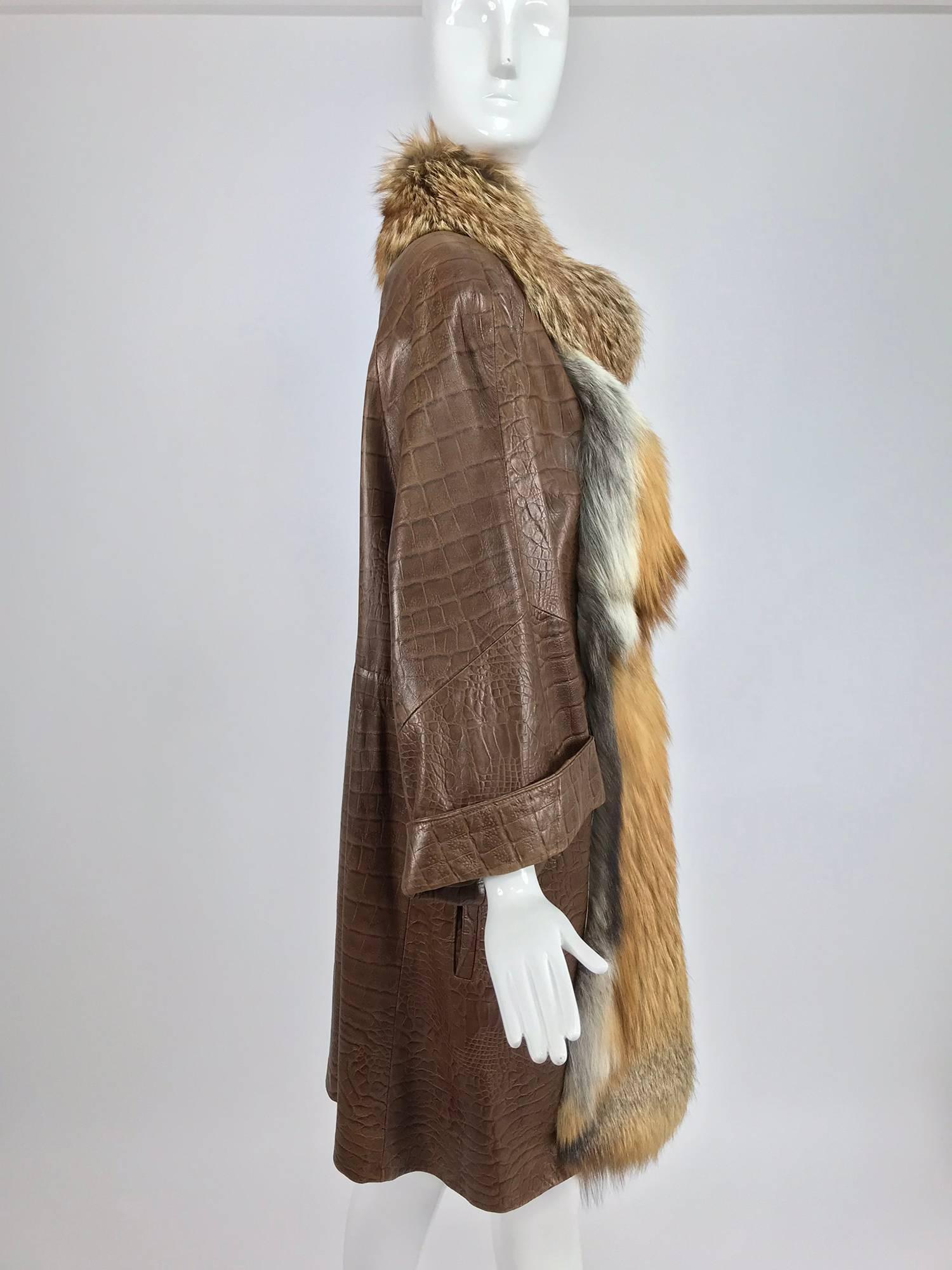 Brown Amen Wardy embossed leather alligator coat with red fox fur trim 1980s