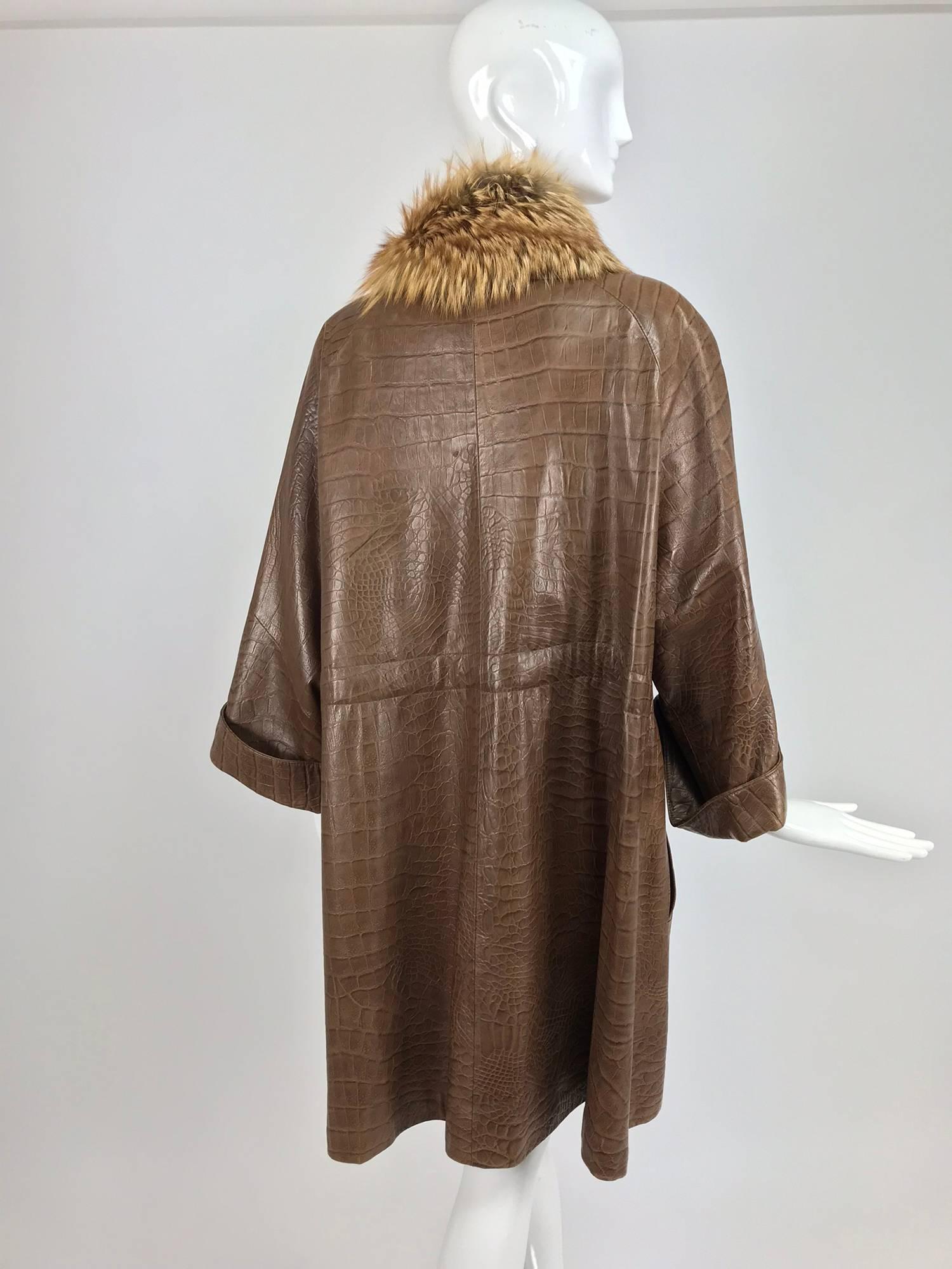 Women's Amen Wardy embossed leather alligator coat with red fox fur trim 1980s