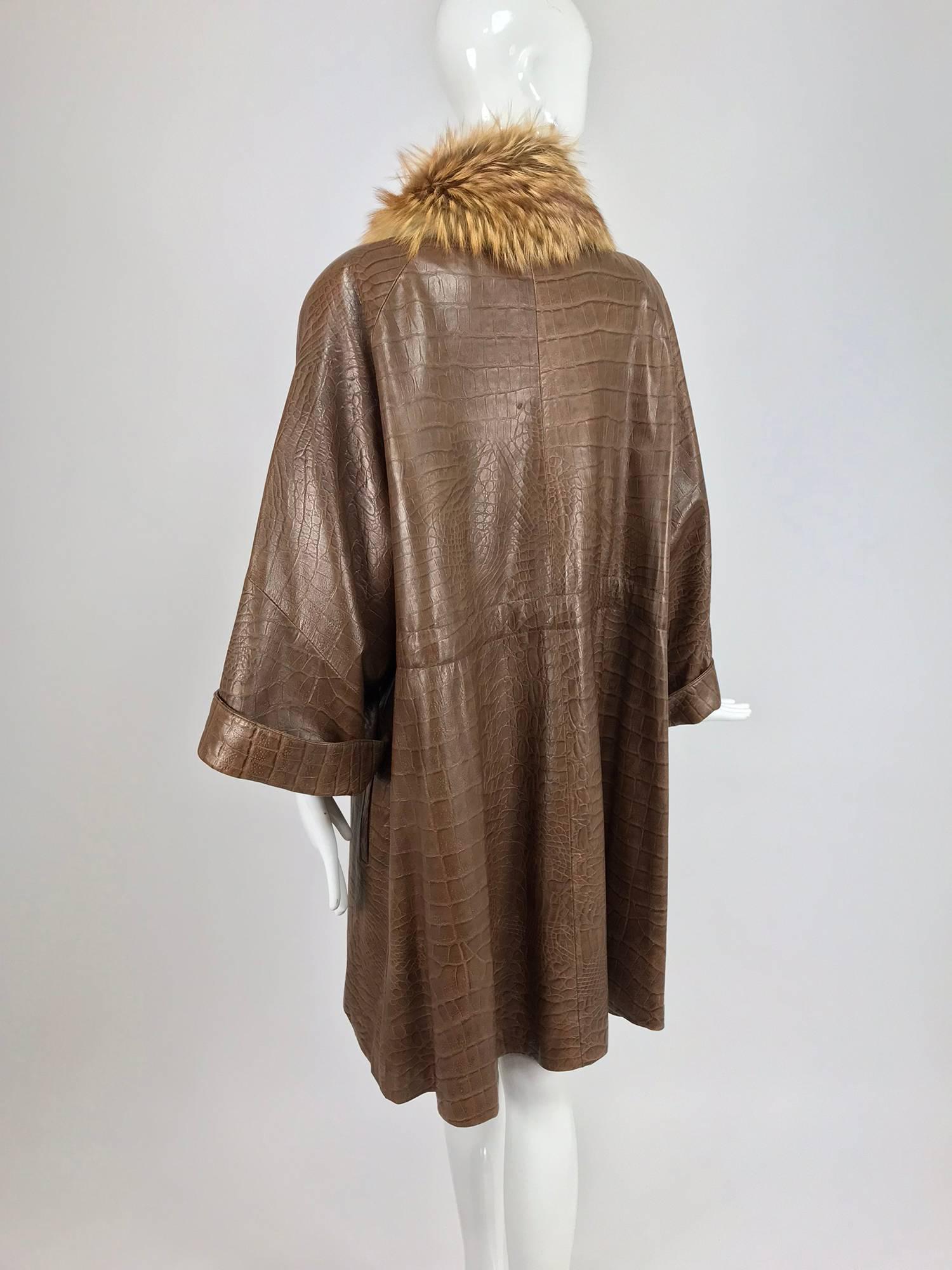 Amen Wardy embossed leather alligator coat with red fox fur trim 1980s 1