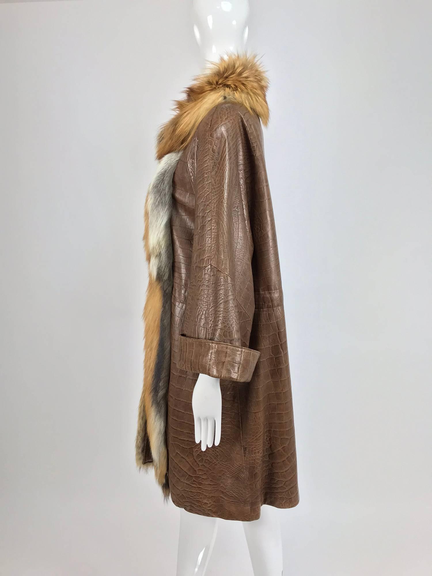 Amen Wardy embossed leather alligator coat with red fox fur trim 1980s 2