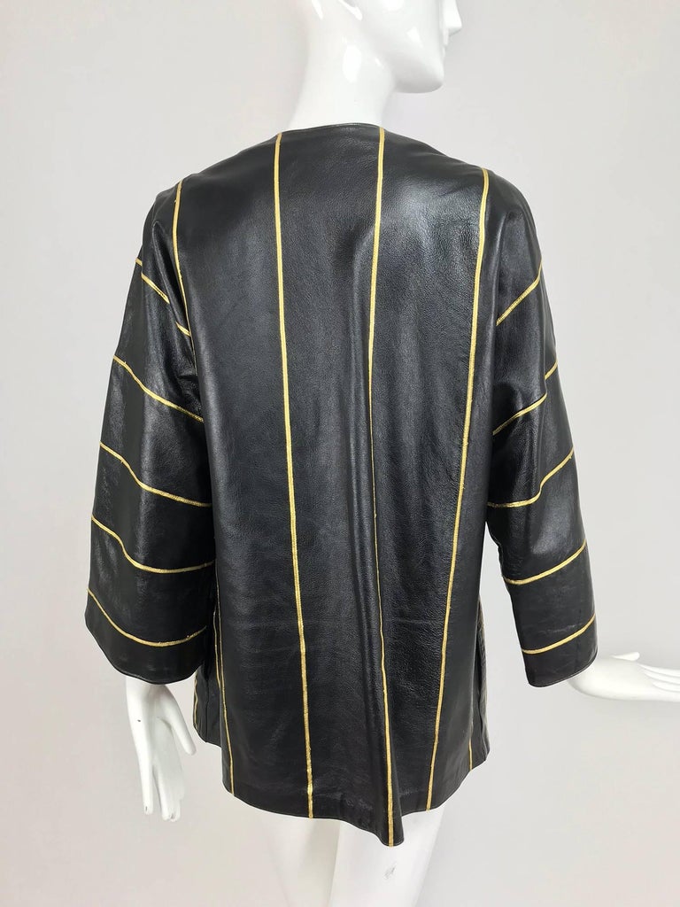 Black leather jacket gold braid trim 1990s Izabel For Sale at 1stDibs