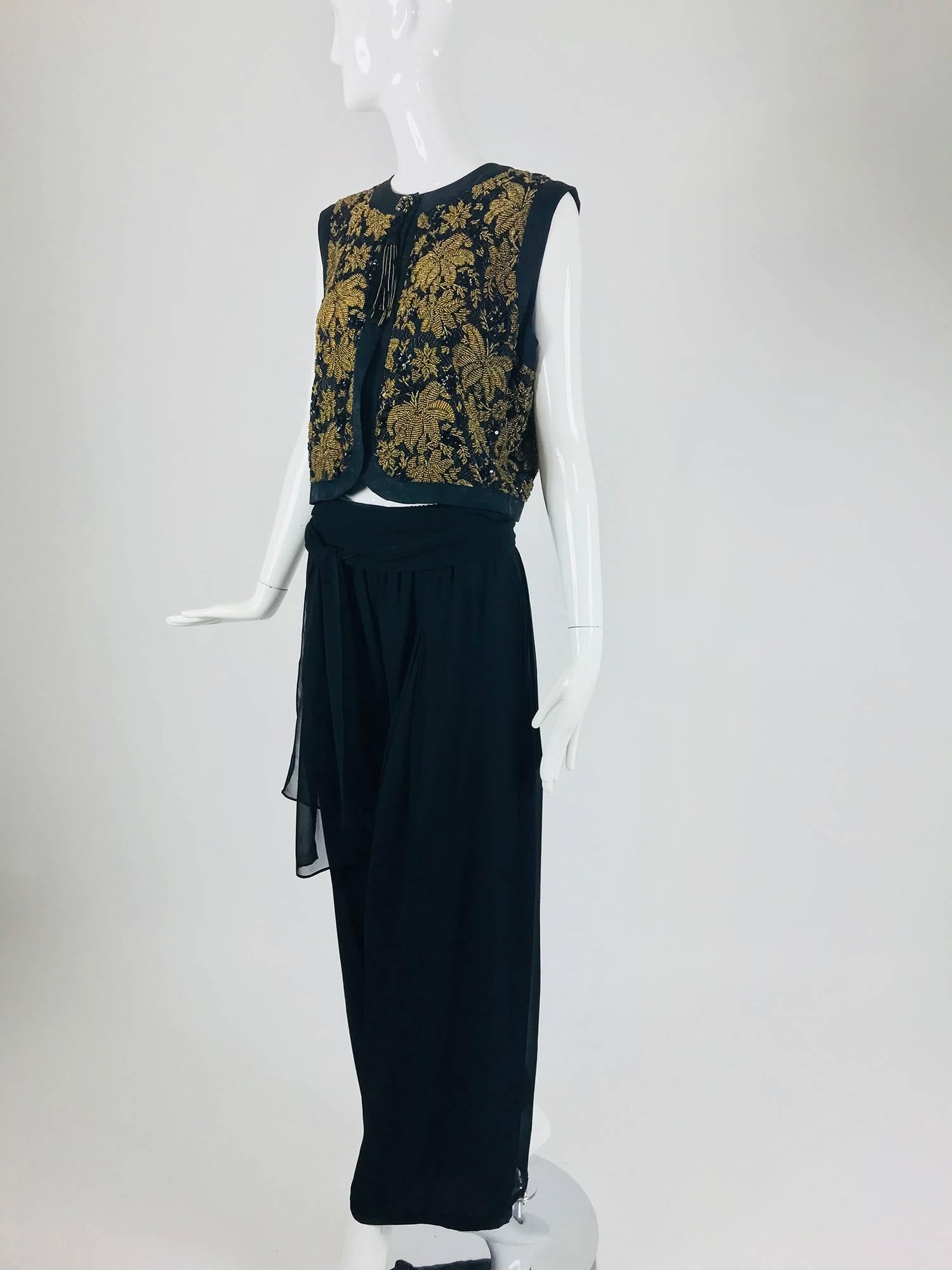 Diane Freis Gold Beaded silk Vest and Full silk Trouser 1970s 1