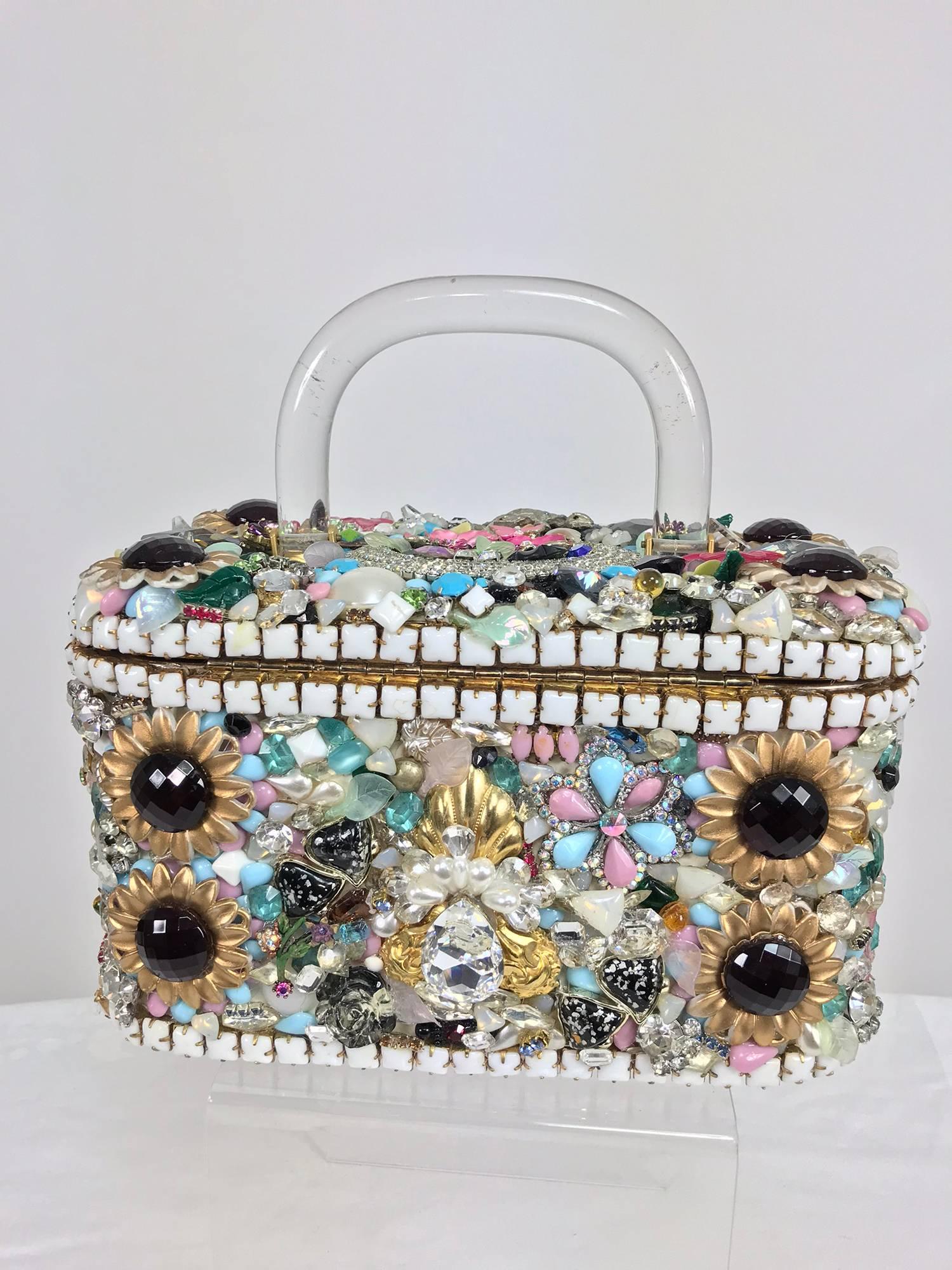 Custom made jewel encrusted lucite handle hand bag 1980s In Excellent Condition In West Palm Beach, FL