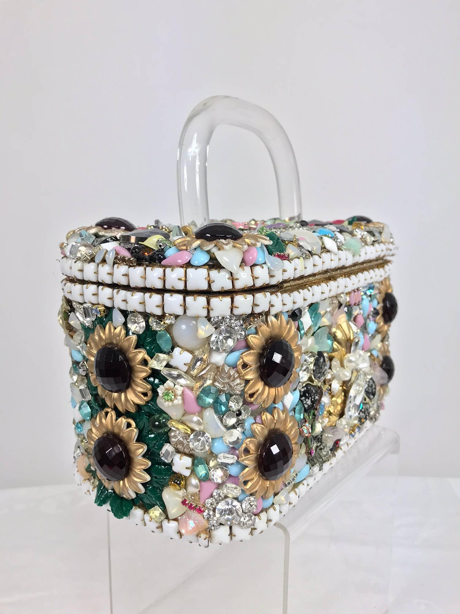 Custom made jewel encrusted lucite handle hand bag 1980s 1