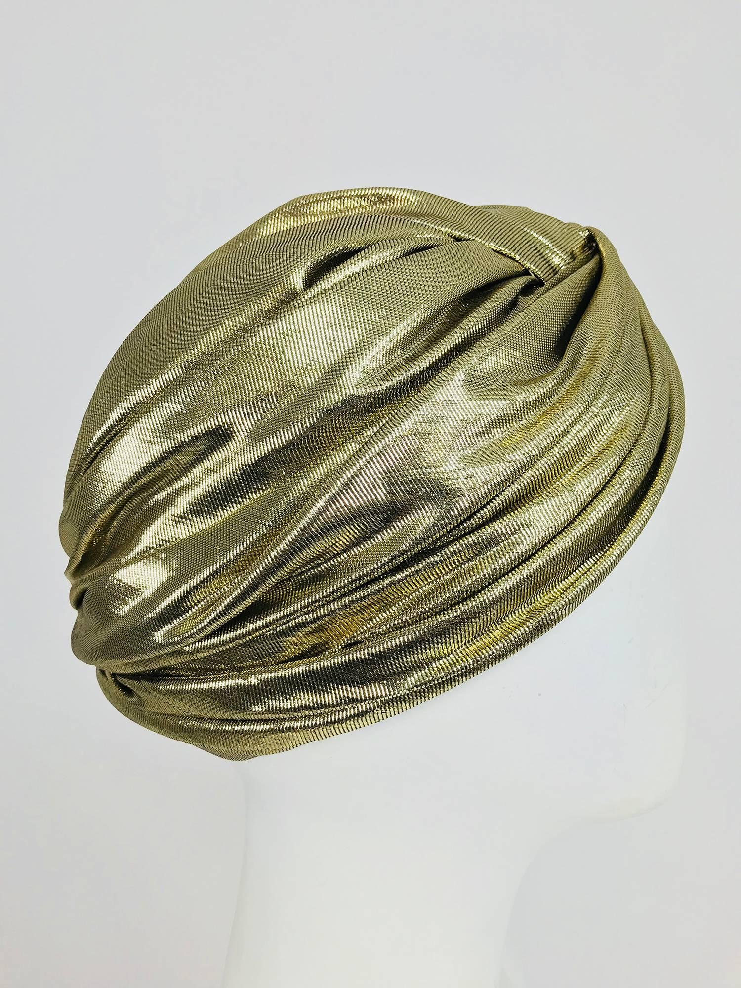 Frank Olive Private Collection Gold Lame Turban from the 1970s...A classic turban in excellent condition, barely, if ever worn. Approximately 24 1/4 inches at the inside edge approximately 7 inch crown.