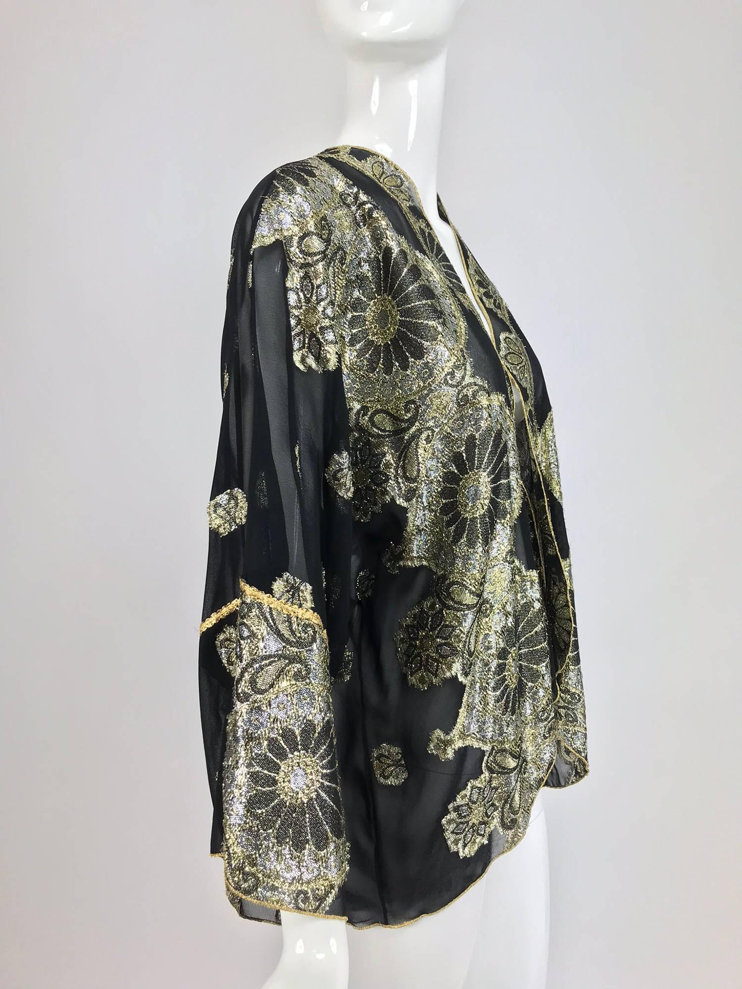 Black Vintage black chiffon silver and gold metallic kimono jacket 1970s