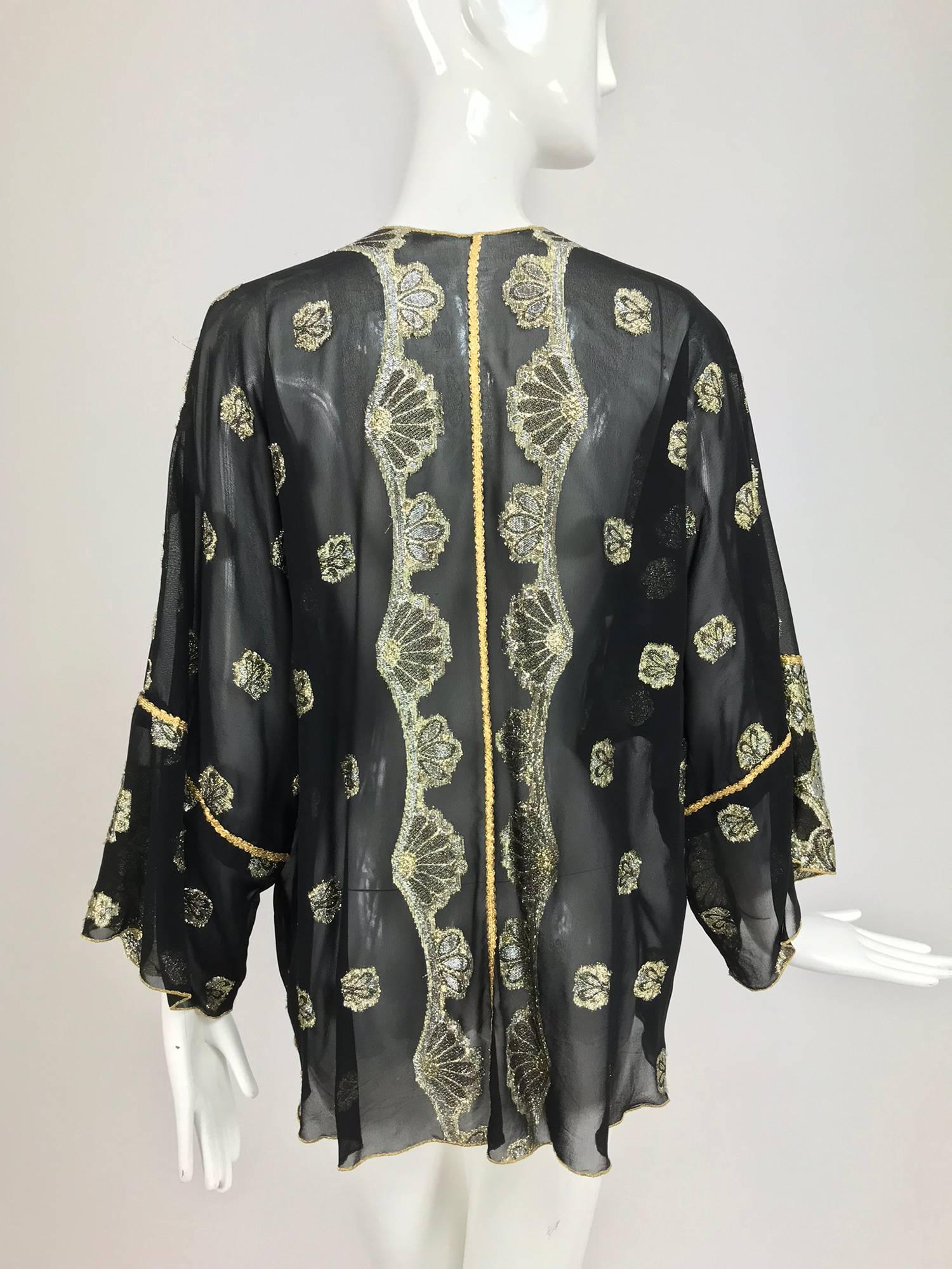 Women's Vintage black chiffon silver and gold metallic kimono jacket 1970s