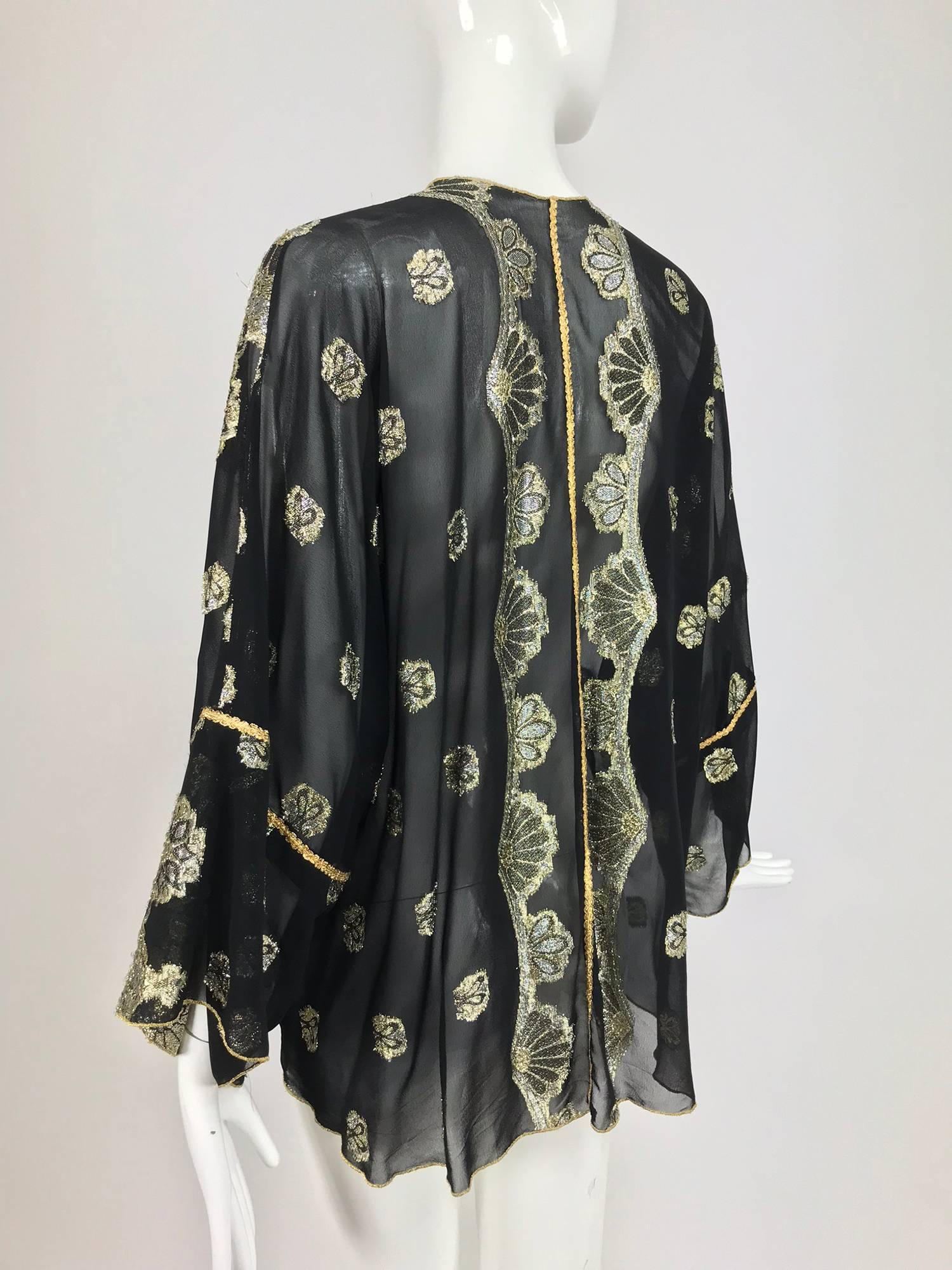Vintage black chiffon silver and gold metallic kimono jacket 1970s 1