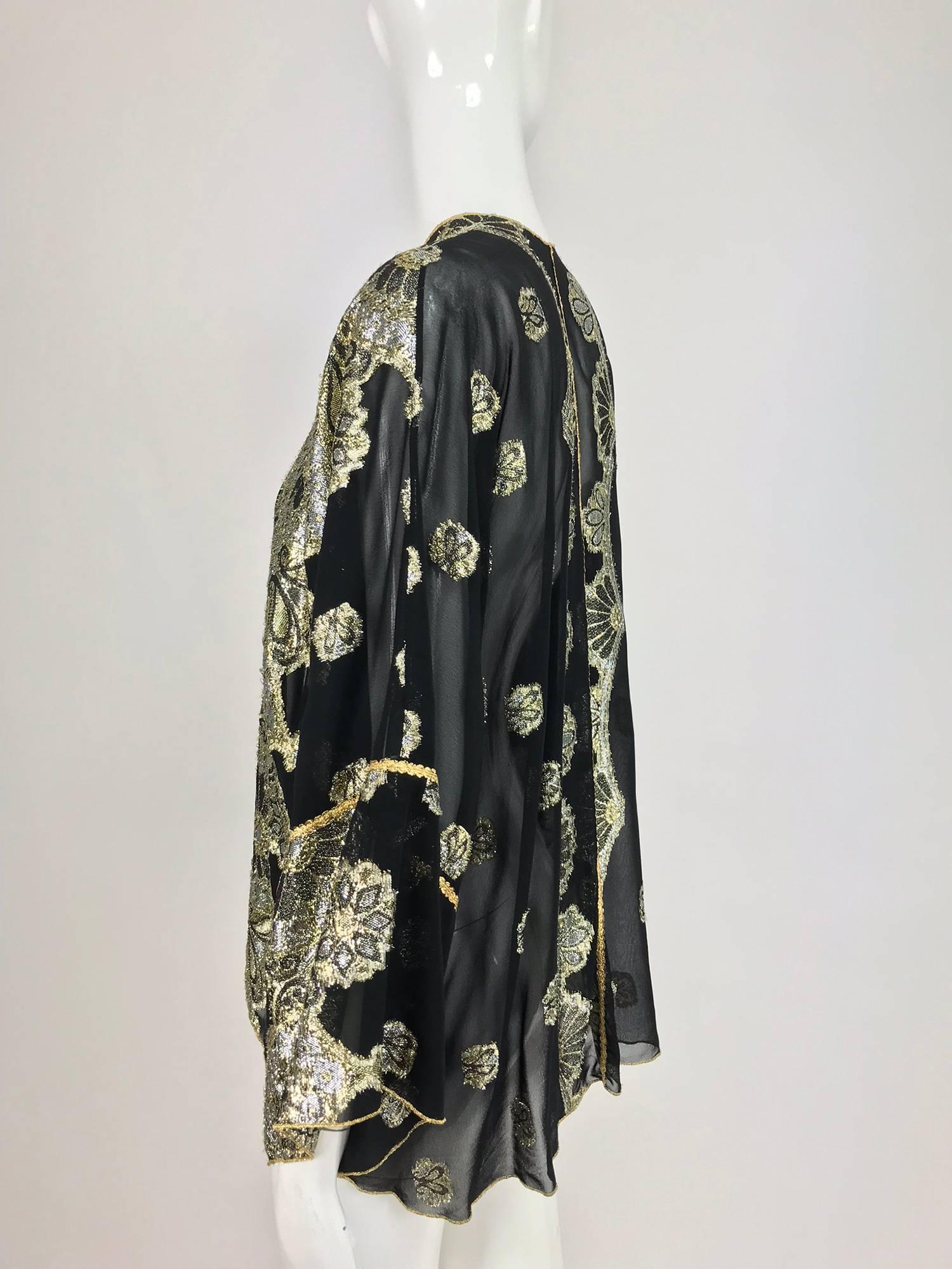 Vintage black chiffon silver and gold metallic kimono jacket 1970s 2
