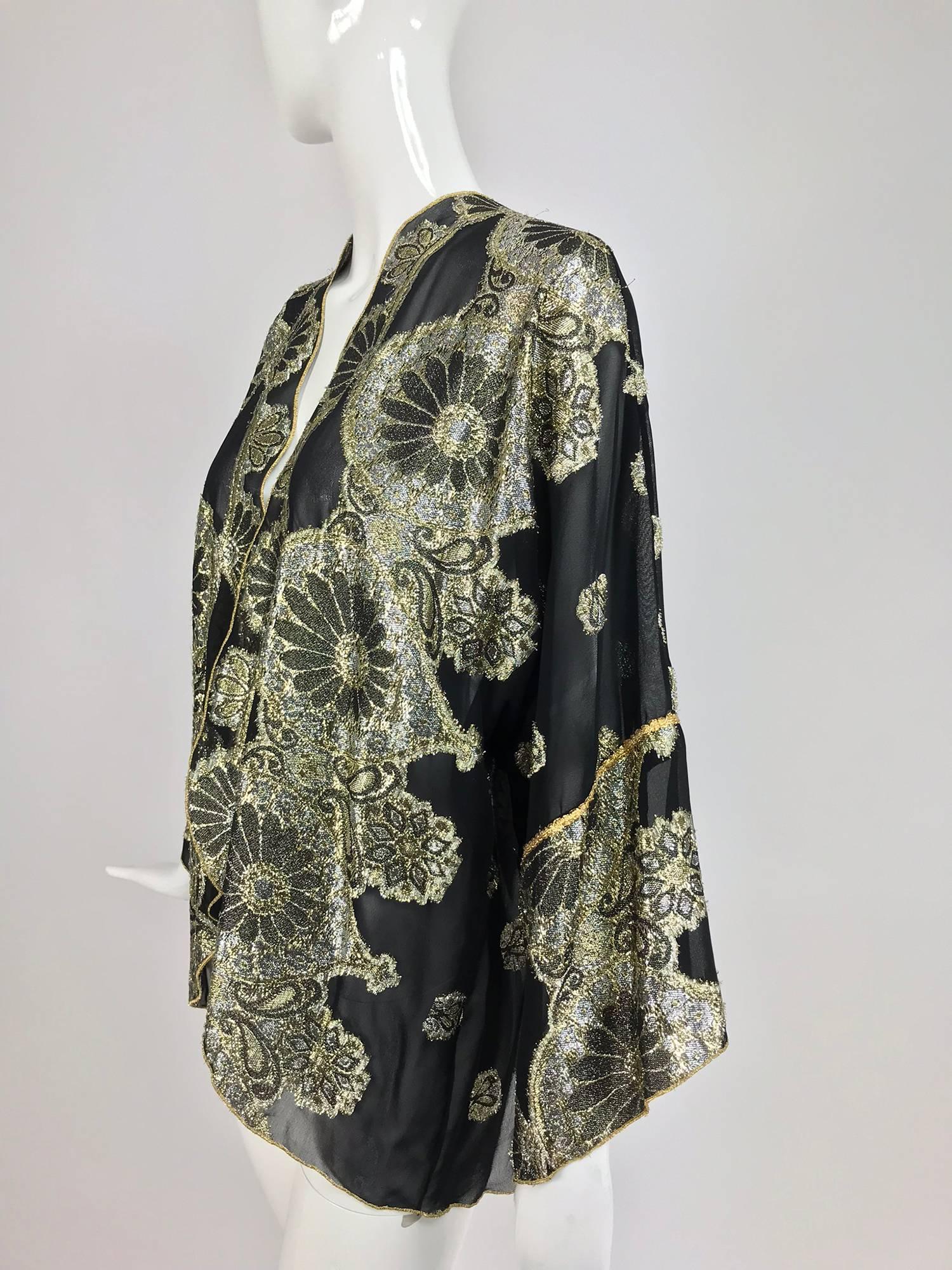 Vintage black chiffon silver and gold metallic kimono jacket 1970s 3