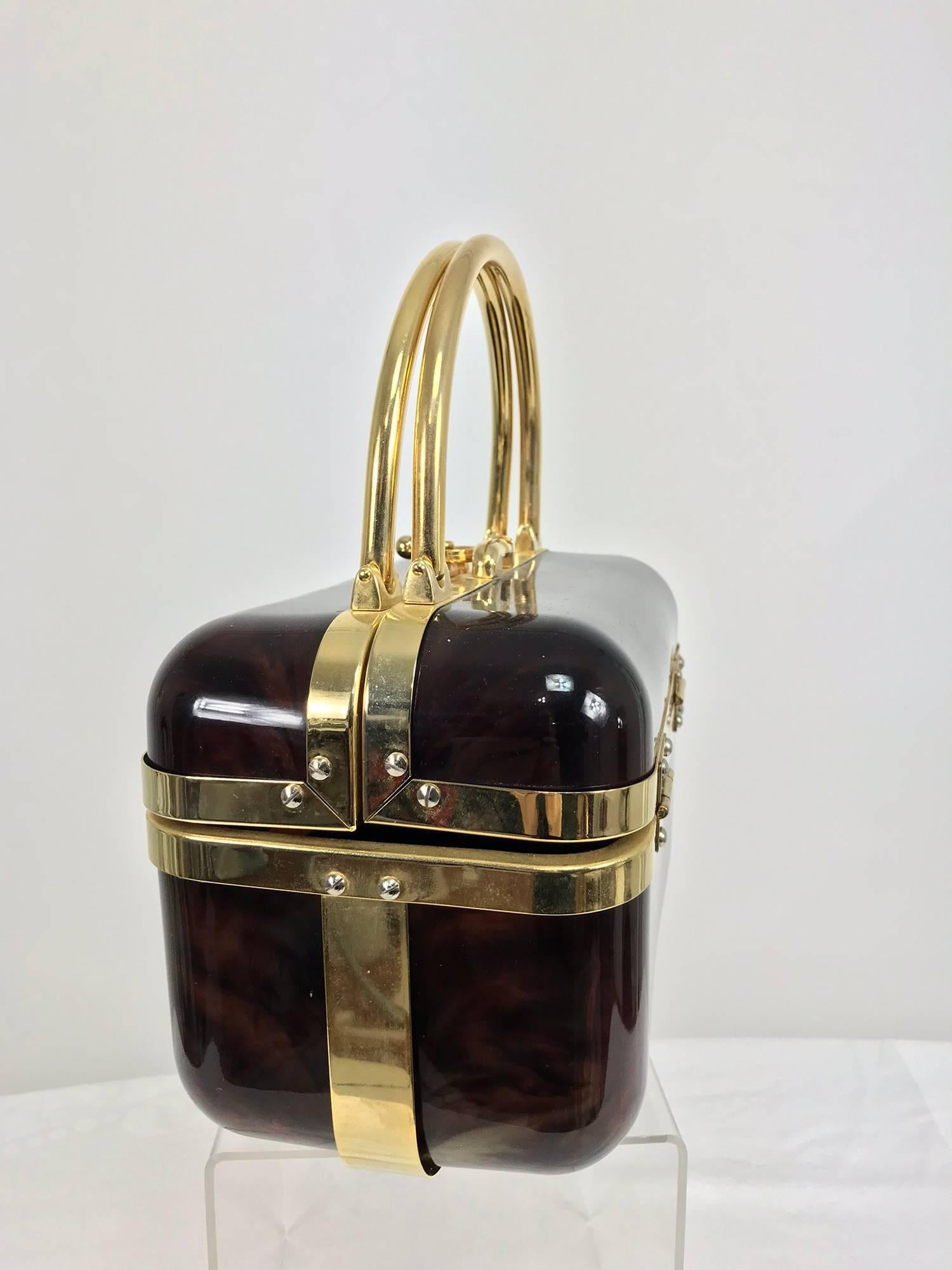 Black Baulotto Italy faux tortoise shell box bag with gold hardware 1970s