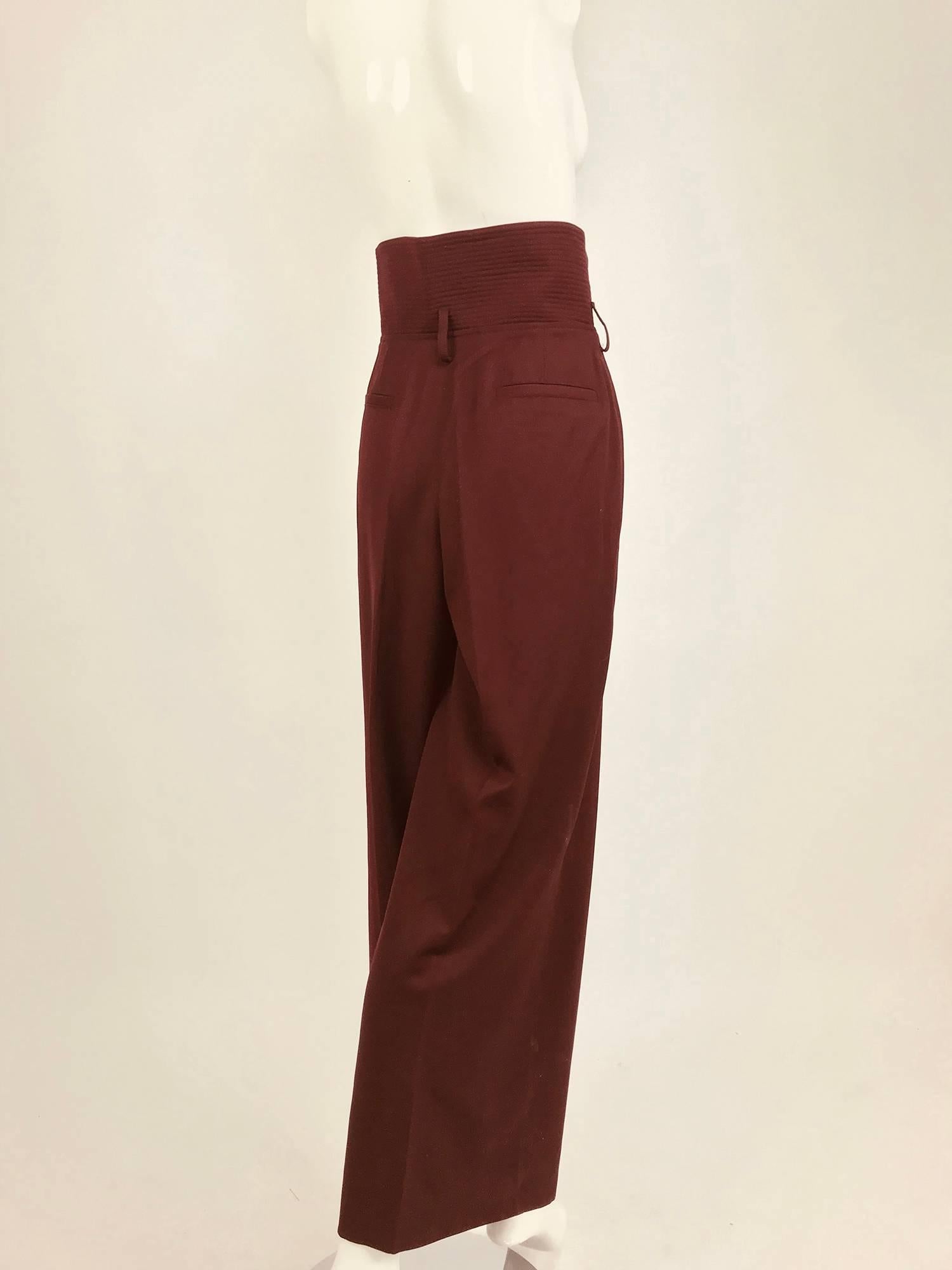 Women's Claude Montana Shaped quilted high waist trouser Burgundy wool gabardine 1980s