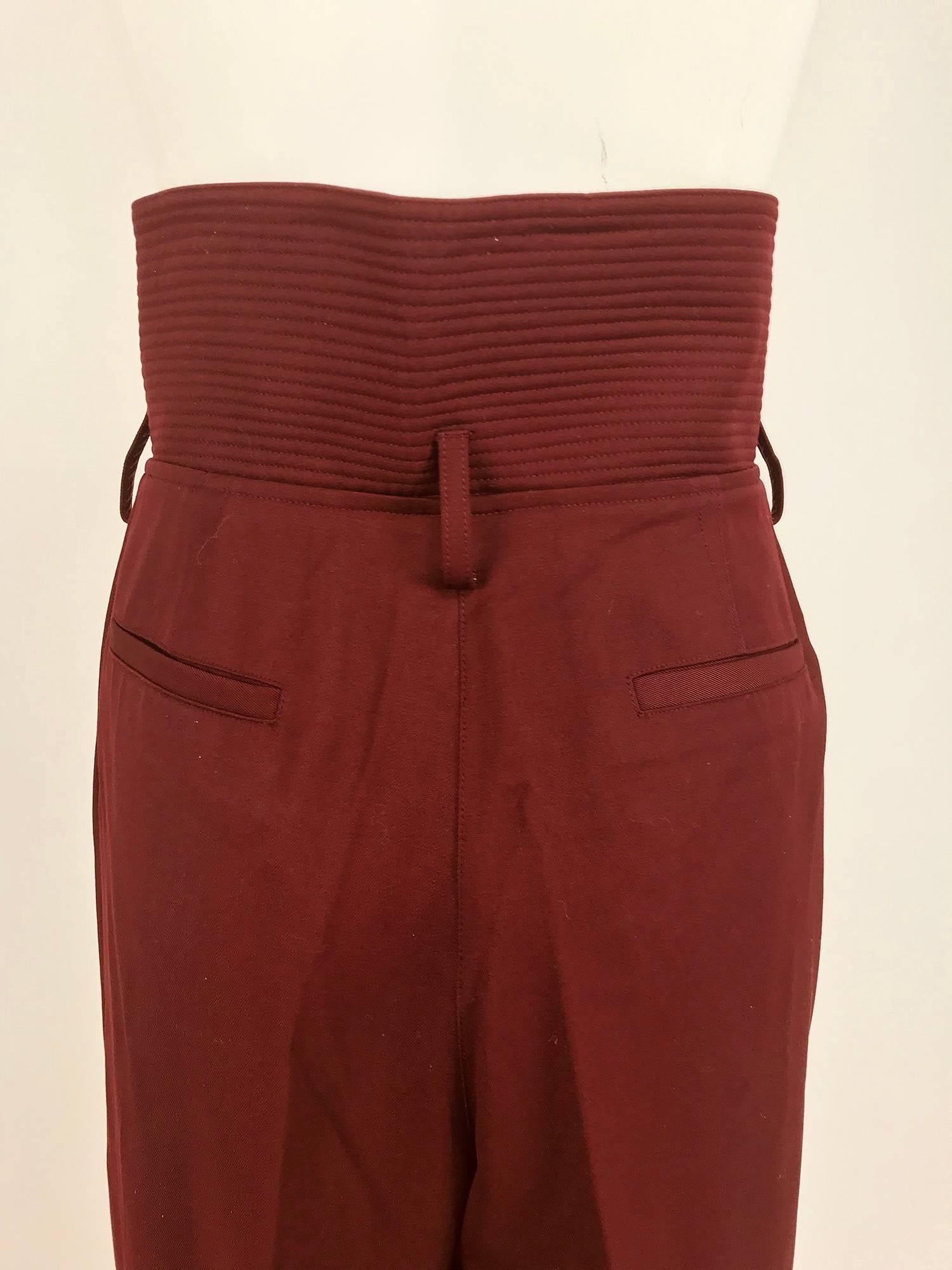 Claude Montana Shaped quilted high waist trouser Burgundy wool gabardine 1980s 3