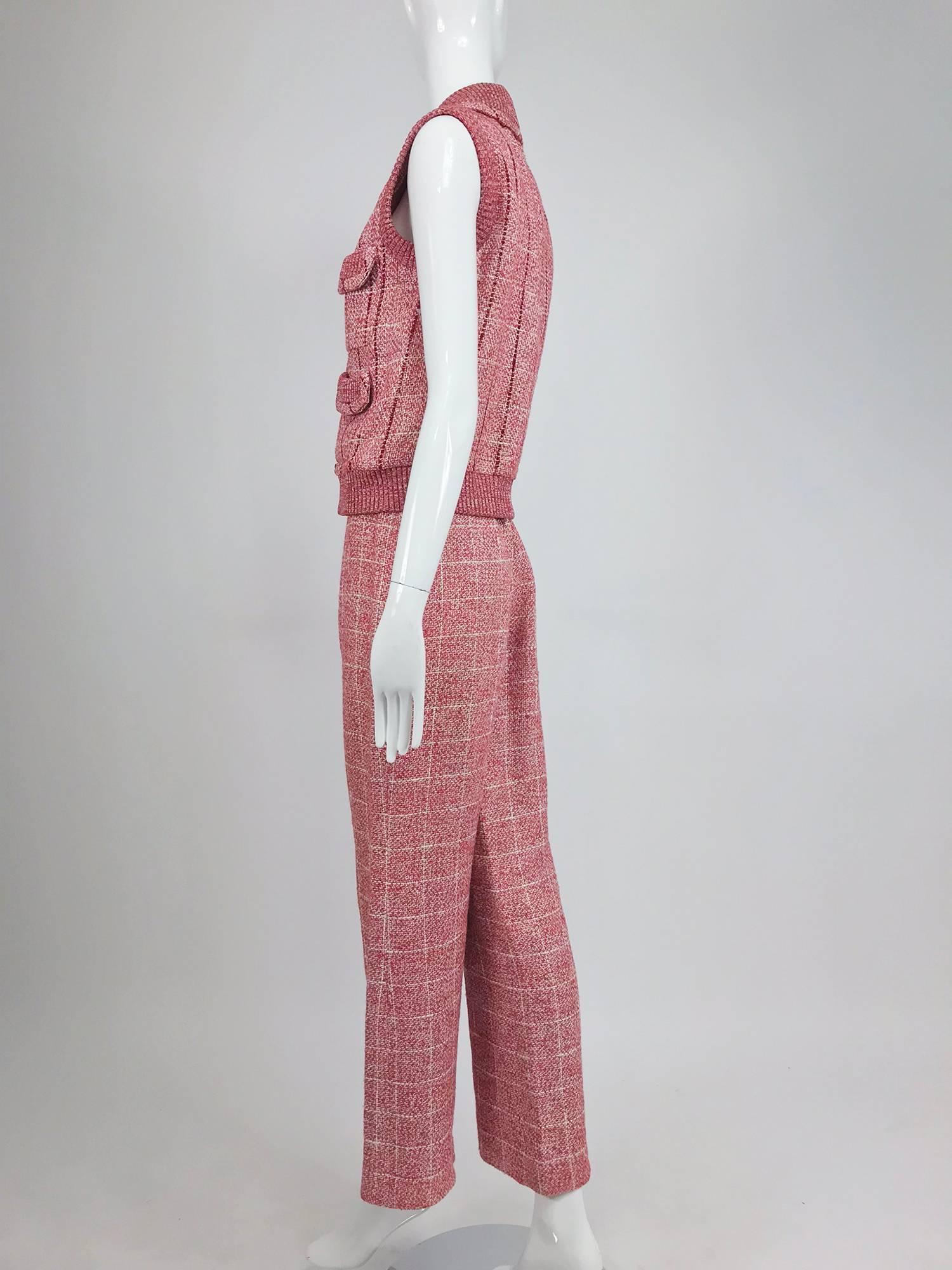 Women's Chanel red and white plaid sequin vest and trouser set 2001P