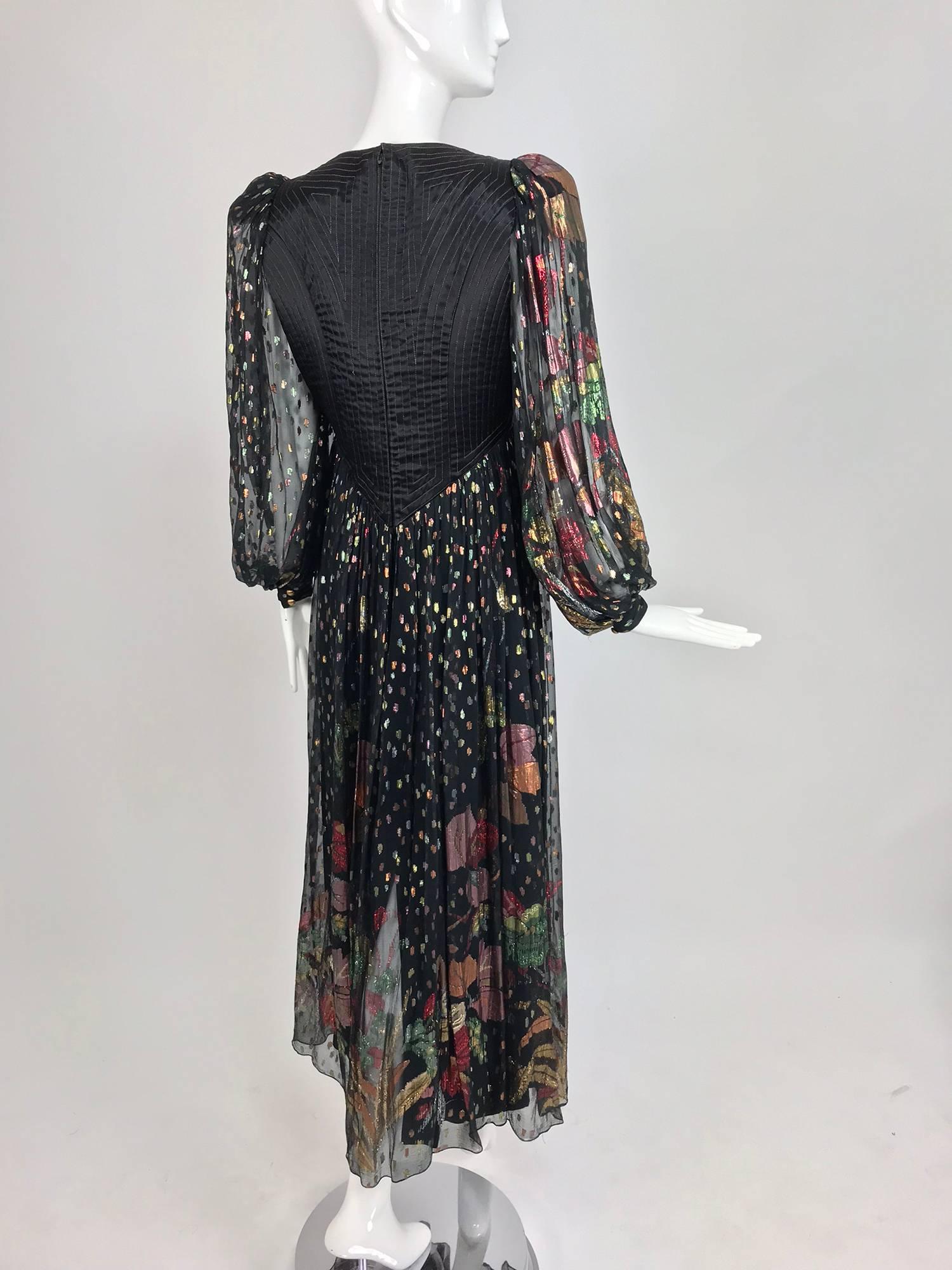 Bob Mackie black metallic silk chiffon quilted bodice maxi dress, 1970s In Excellent Condition In West Palm Beach, FL