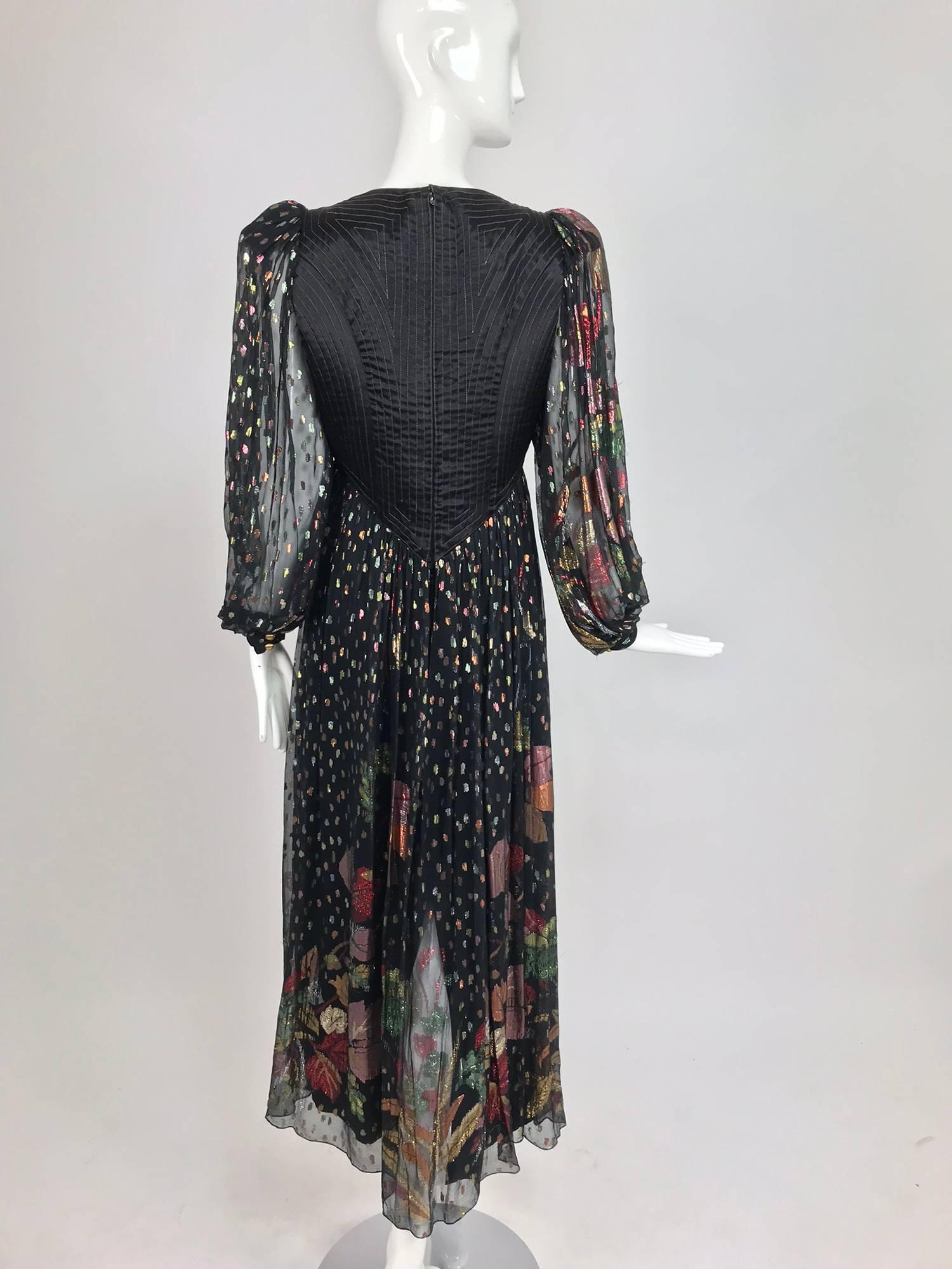 Women's Bob Mackie black metallic silk chiffon quilted bodice maxi dress, 1970s
