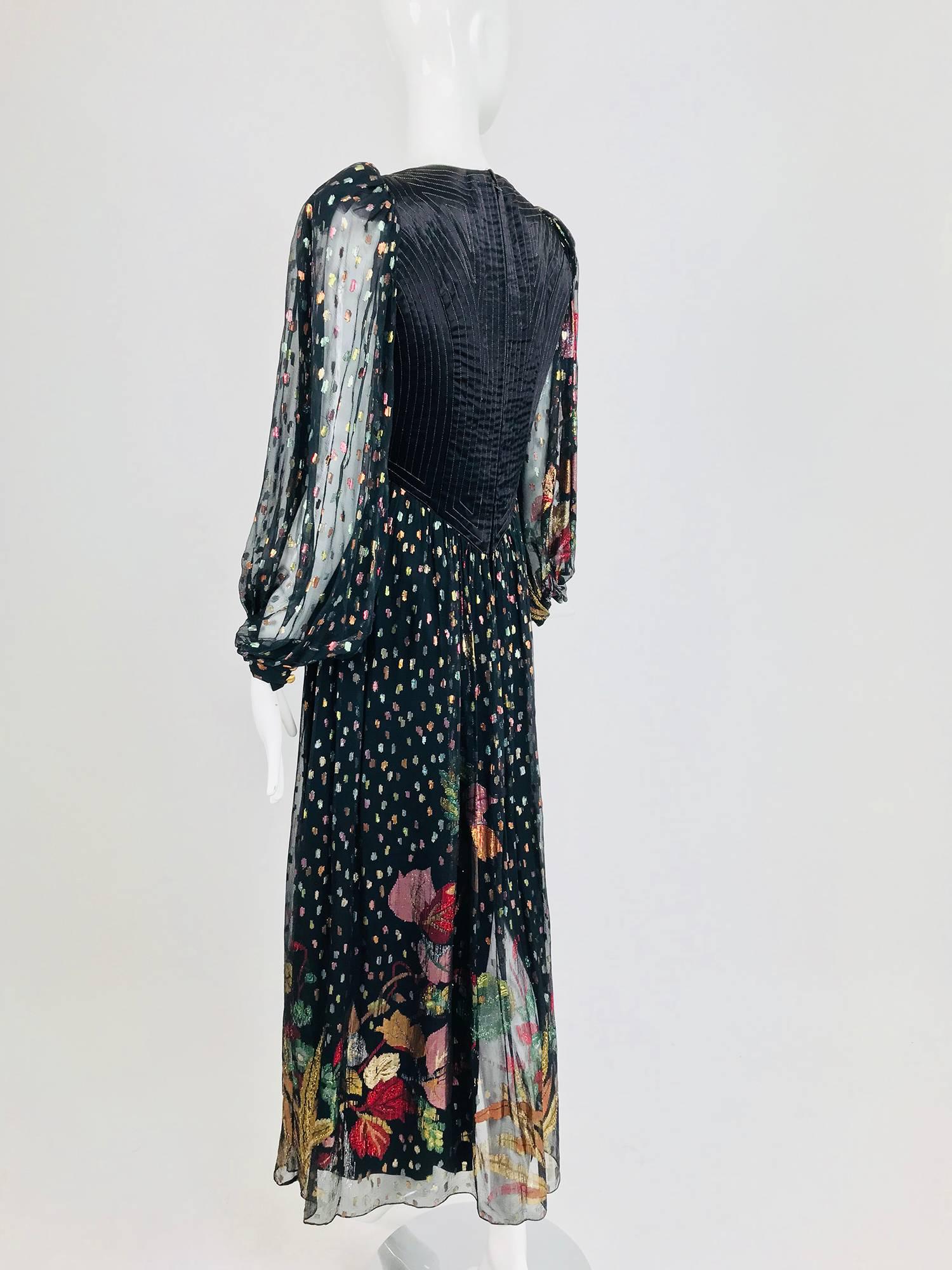 Bob Mackie black metallic silk chiffon quilted bodice maxi dress, 1970s 1