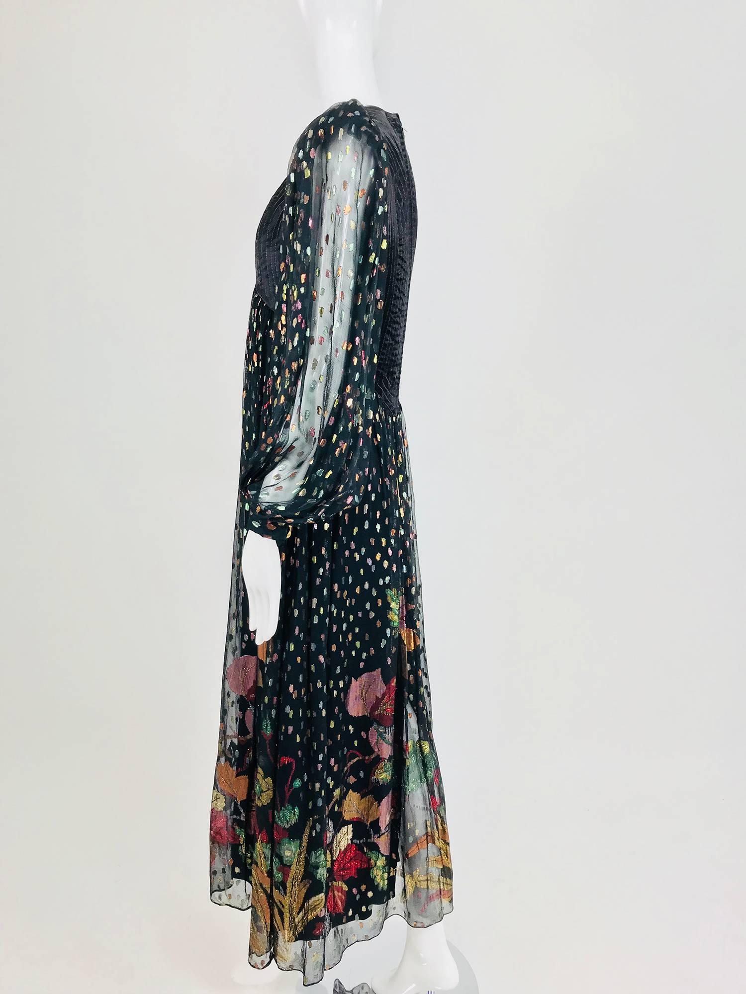 Bob Mackie black metallic silk chiffon quilted bodice maxi dress, 1970s 2