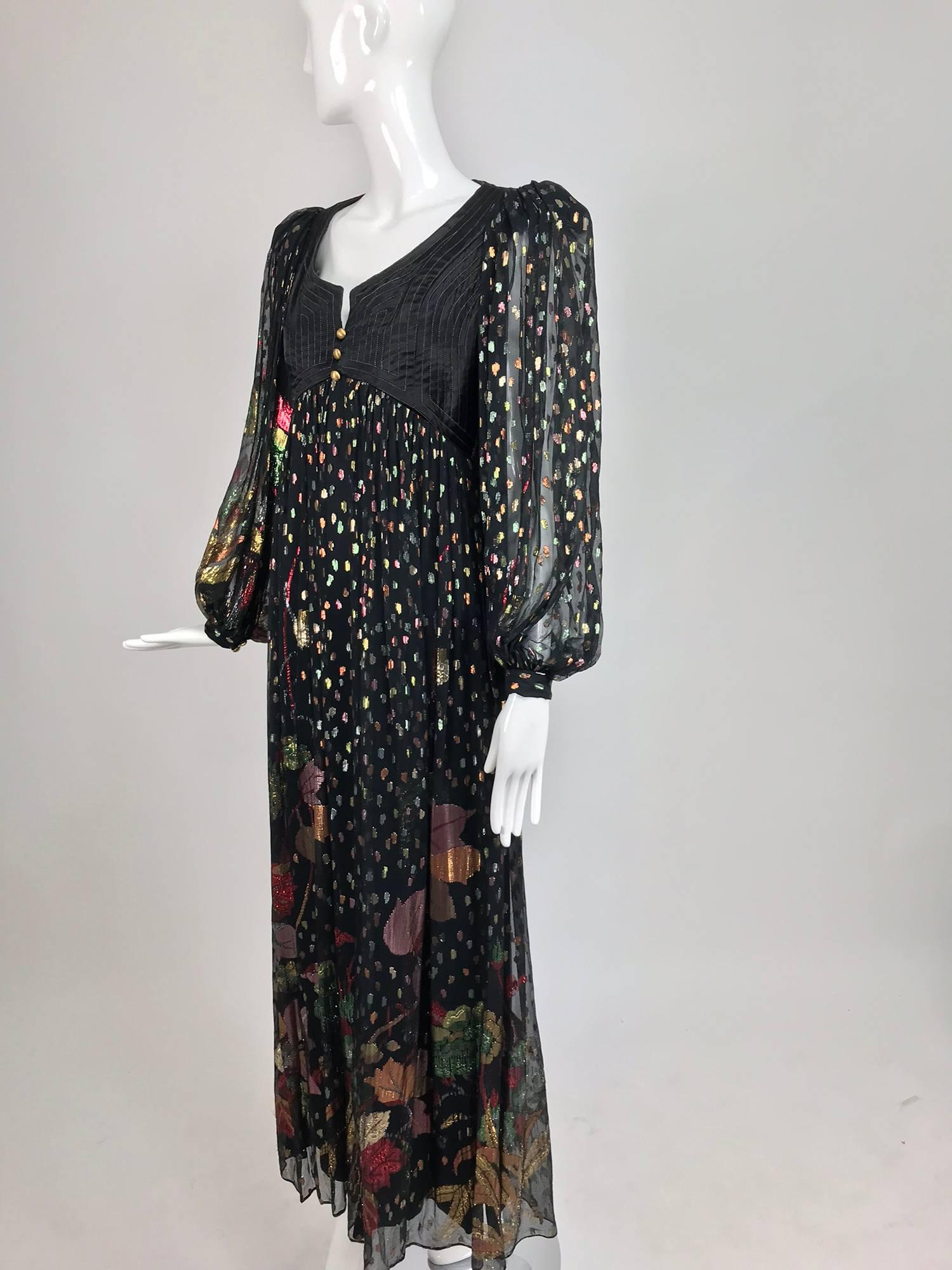Bob Mackie black metallic silk chiffon quilted bodice maxi dress, 1970s 3