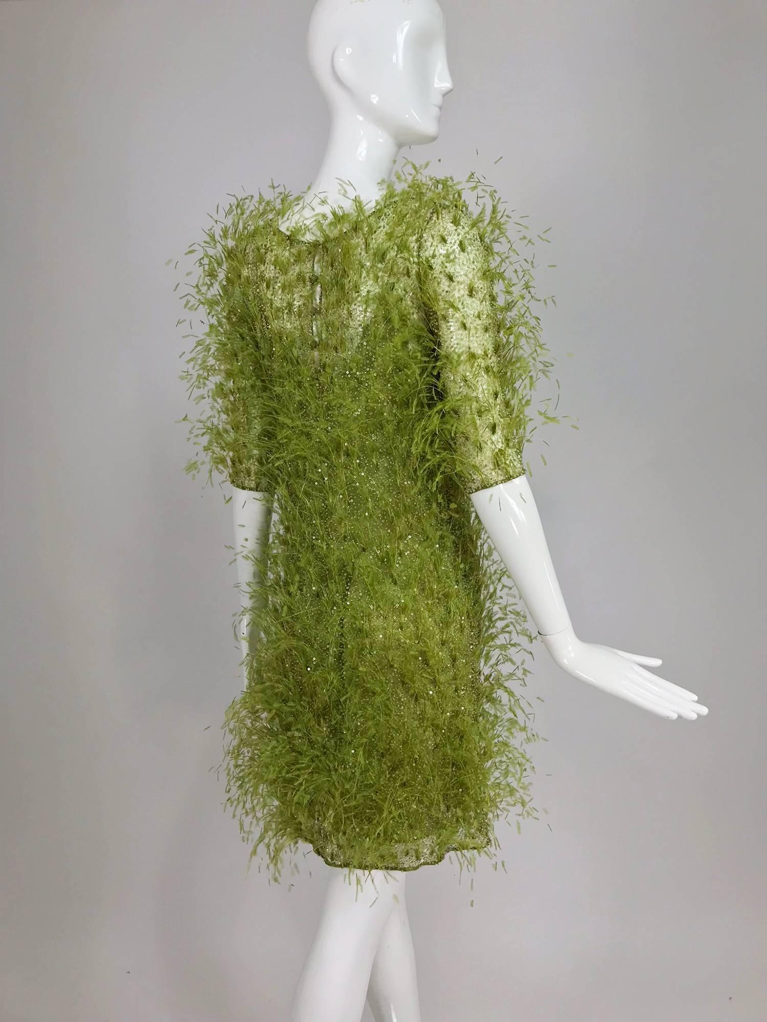 Chado Ralph Rucci spring green chiffon feather and sequin dress In Excellent Condition In West Palm Beach, FL