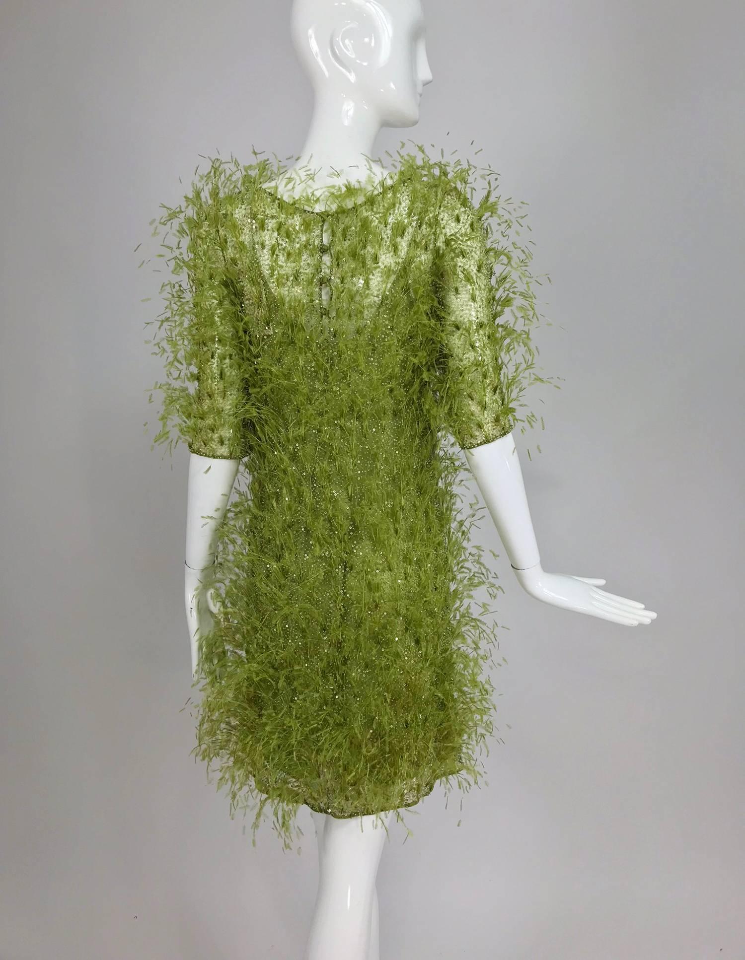 Women's or Men's Chado Ralph Rucci spring green chiffon feather and sequin dress