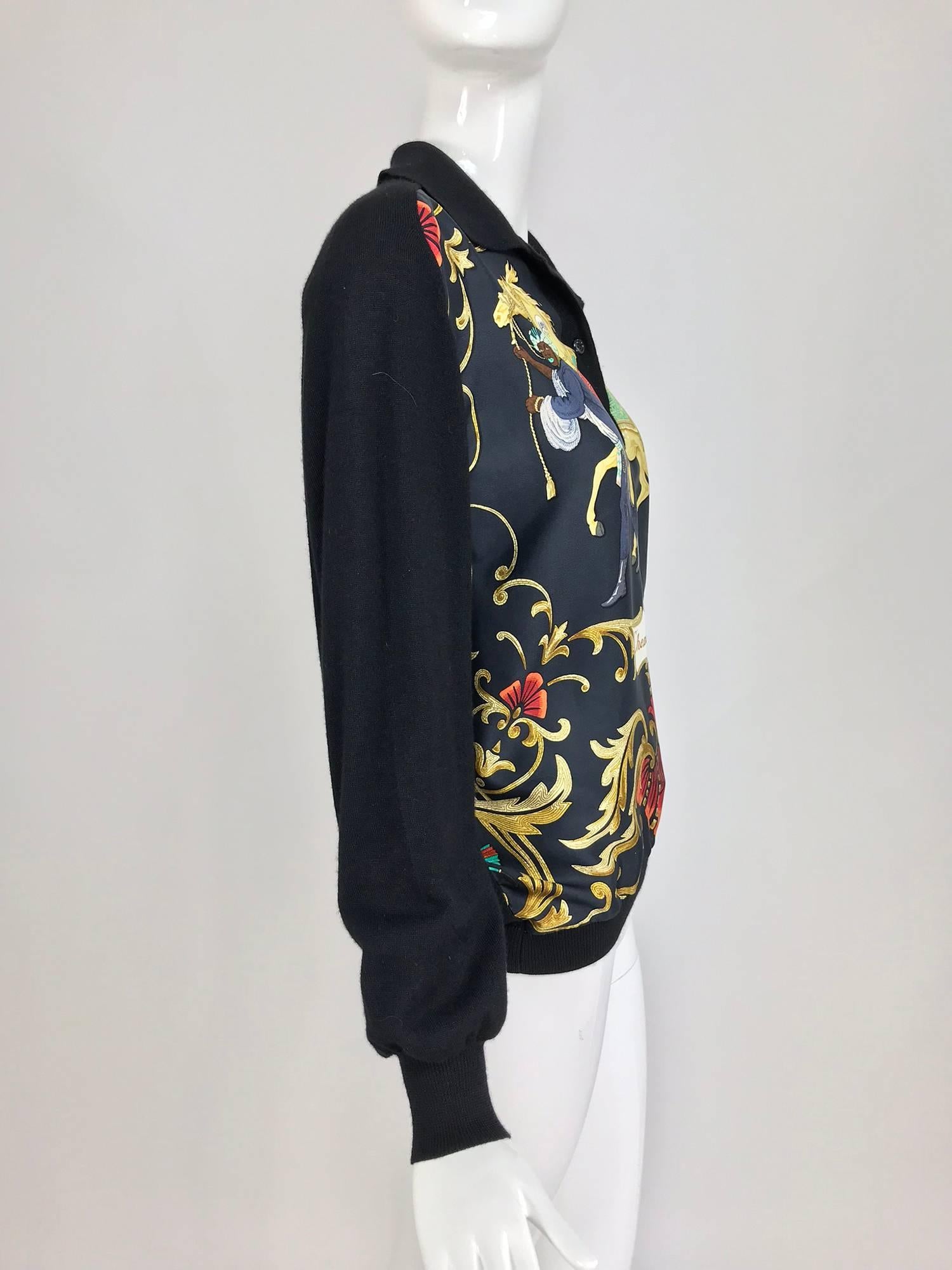 Hermes Cheval Turc silk twill and black wool sweater 1970s In Excellent Condition In West Palm Beach, FL