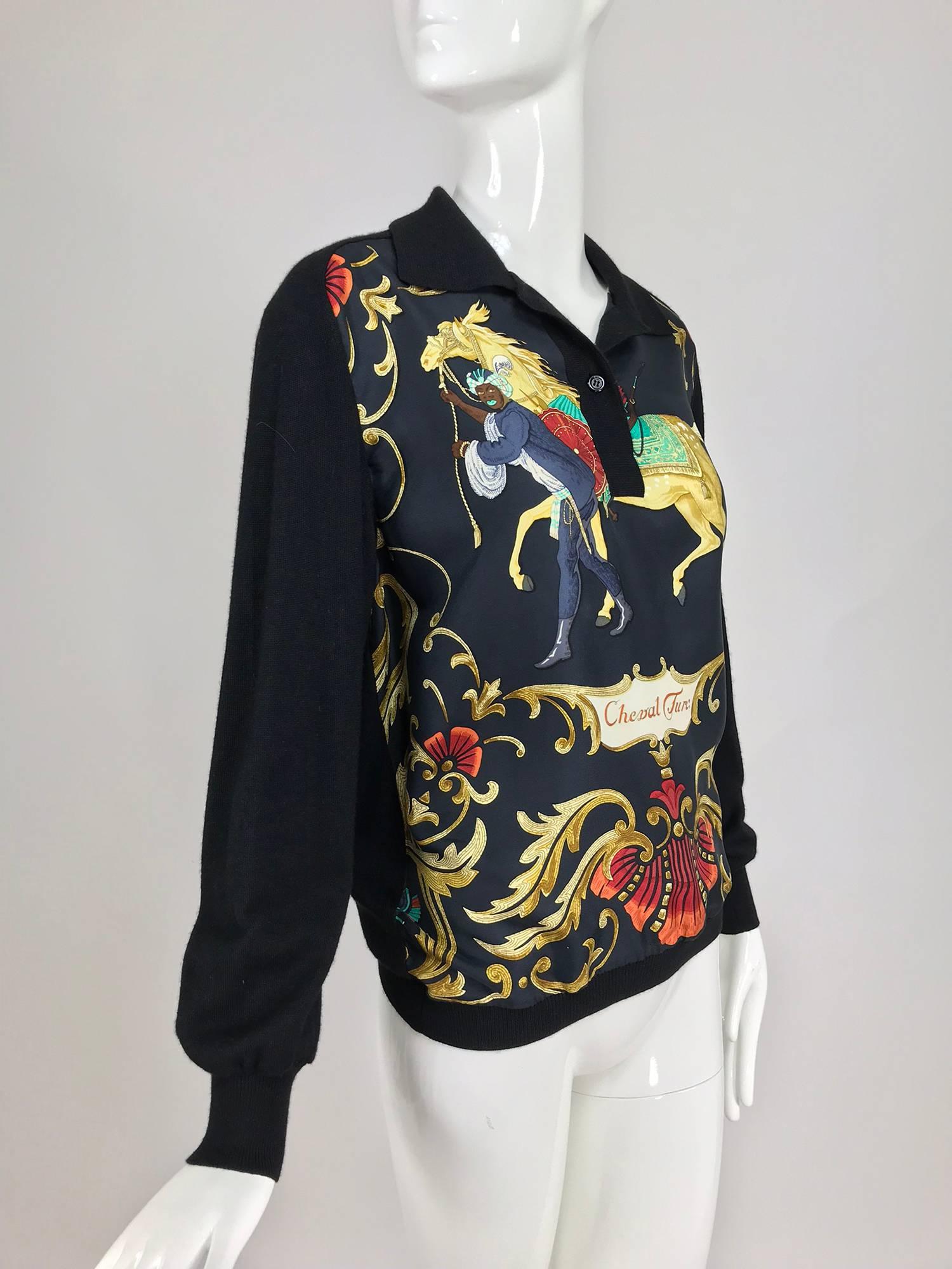 Women's Hermes Cheval Turc silk twill and black wool sweater 1970s