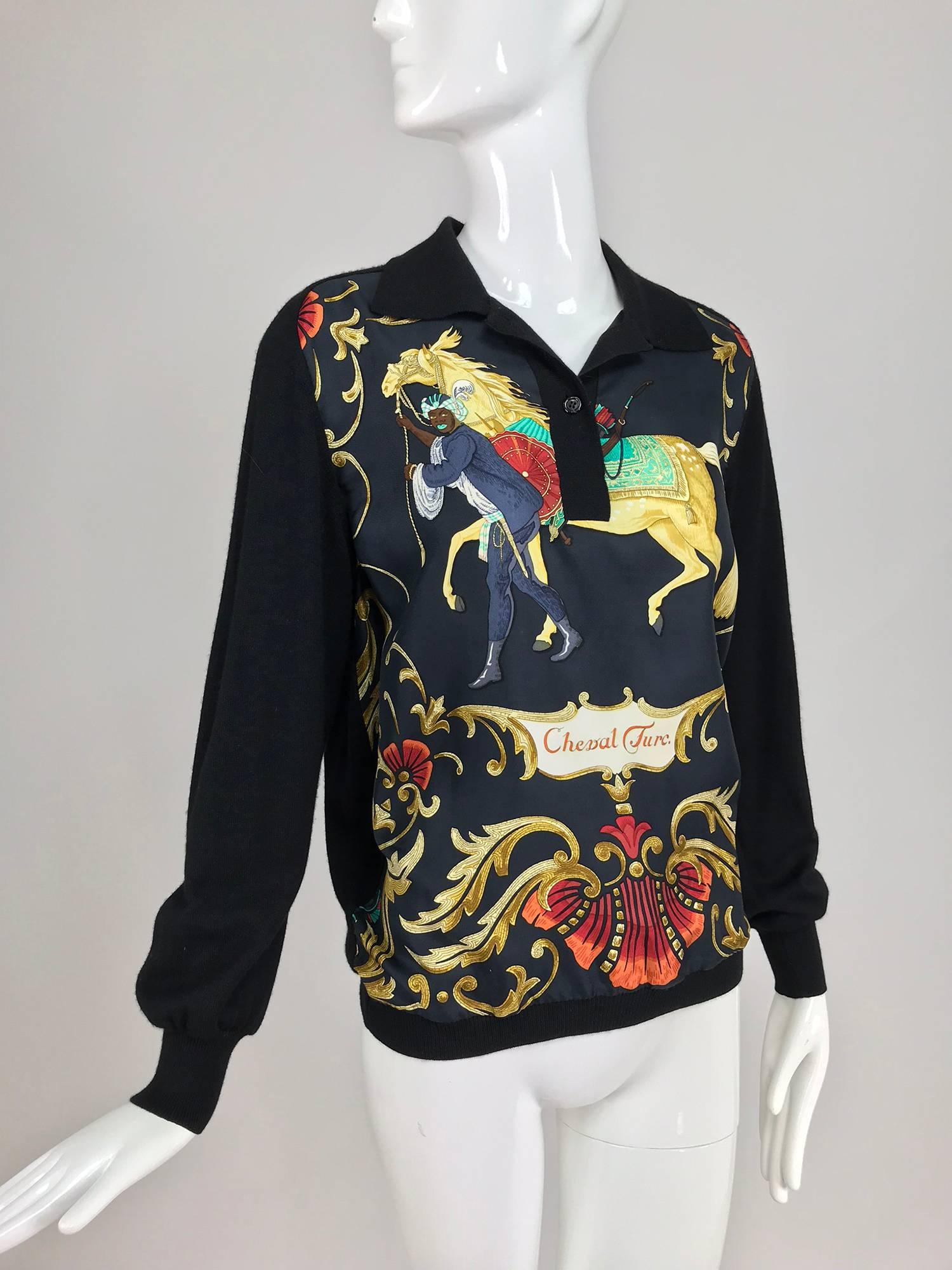 Hermes Cheval Turc silk twill and black wool sweater 1970s 1