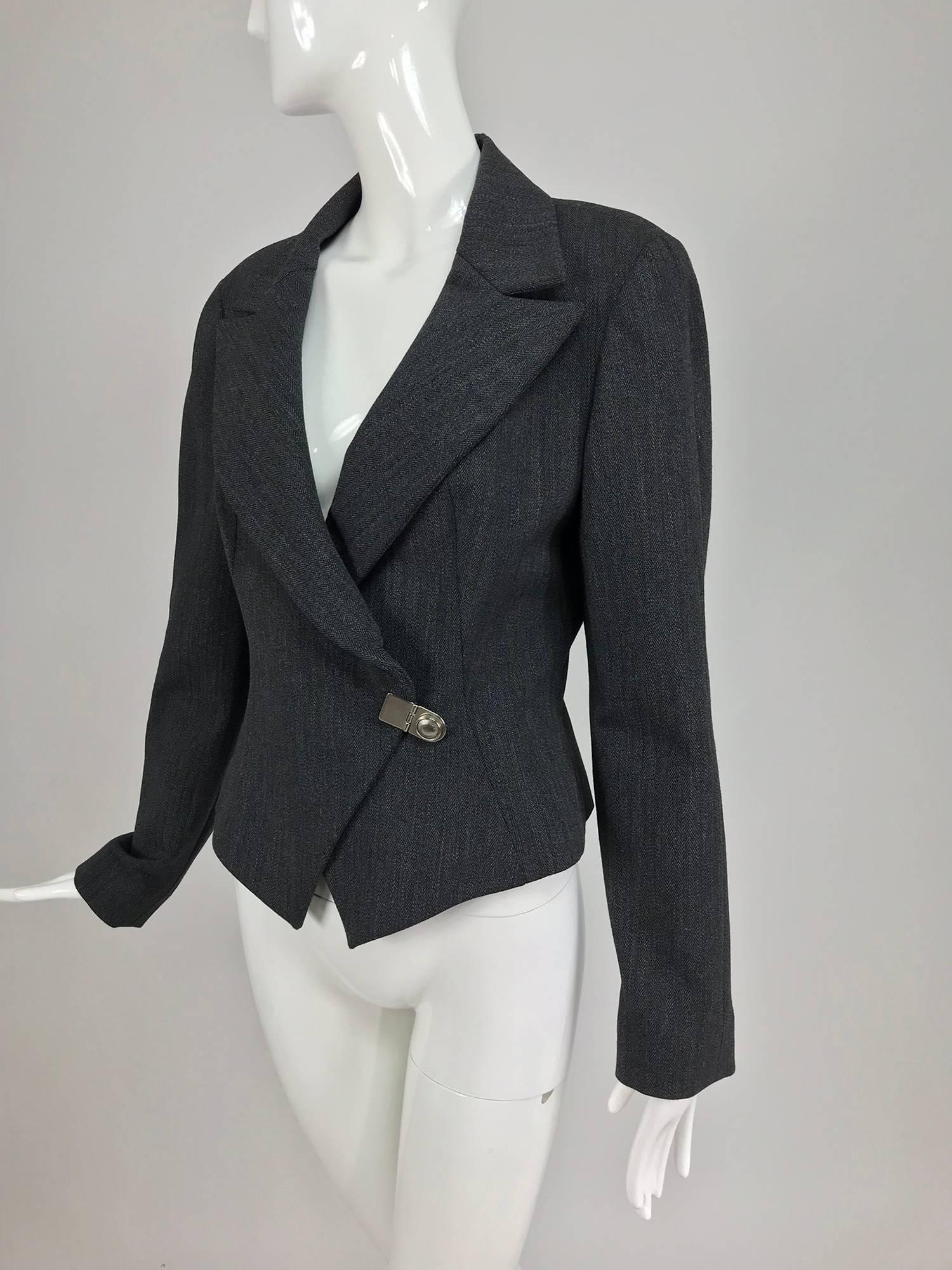 State of Claude Montana grey herringbone cropped jacket 1990s For Sale ...