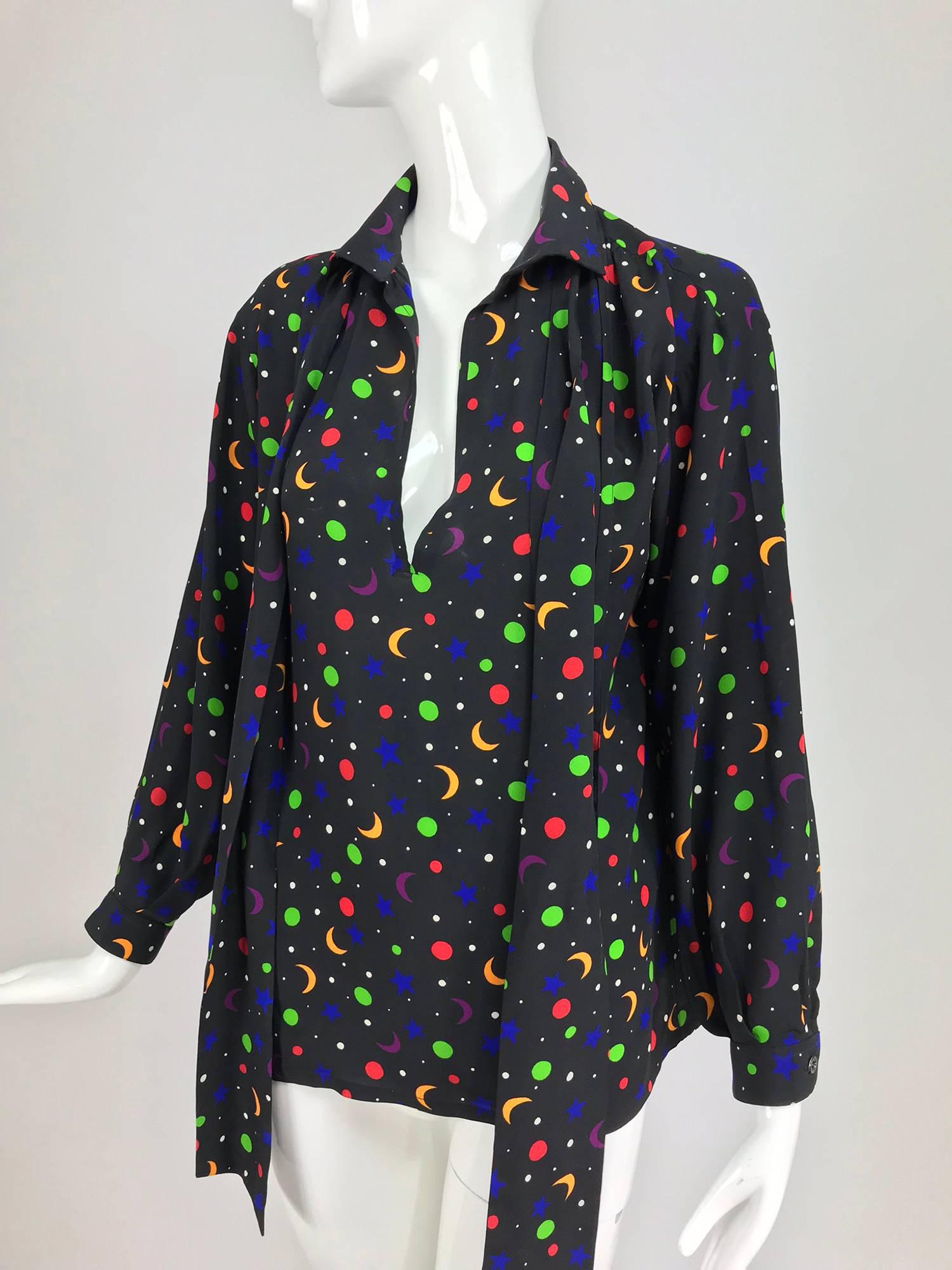 Yves Saint Laurent moon and stars silk blouse documented 1979 In Excellent Condition In West Palm Beach, FL